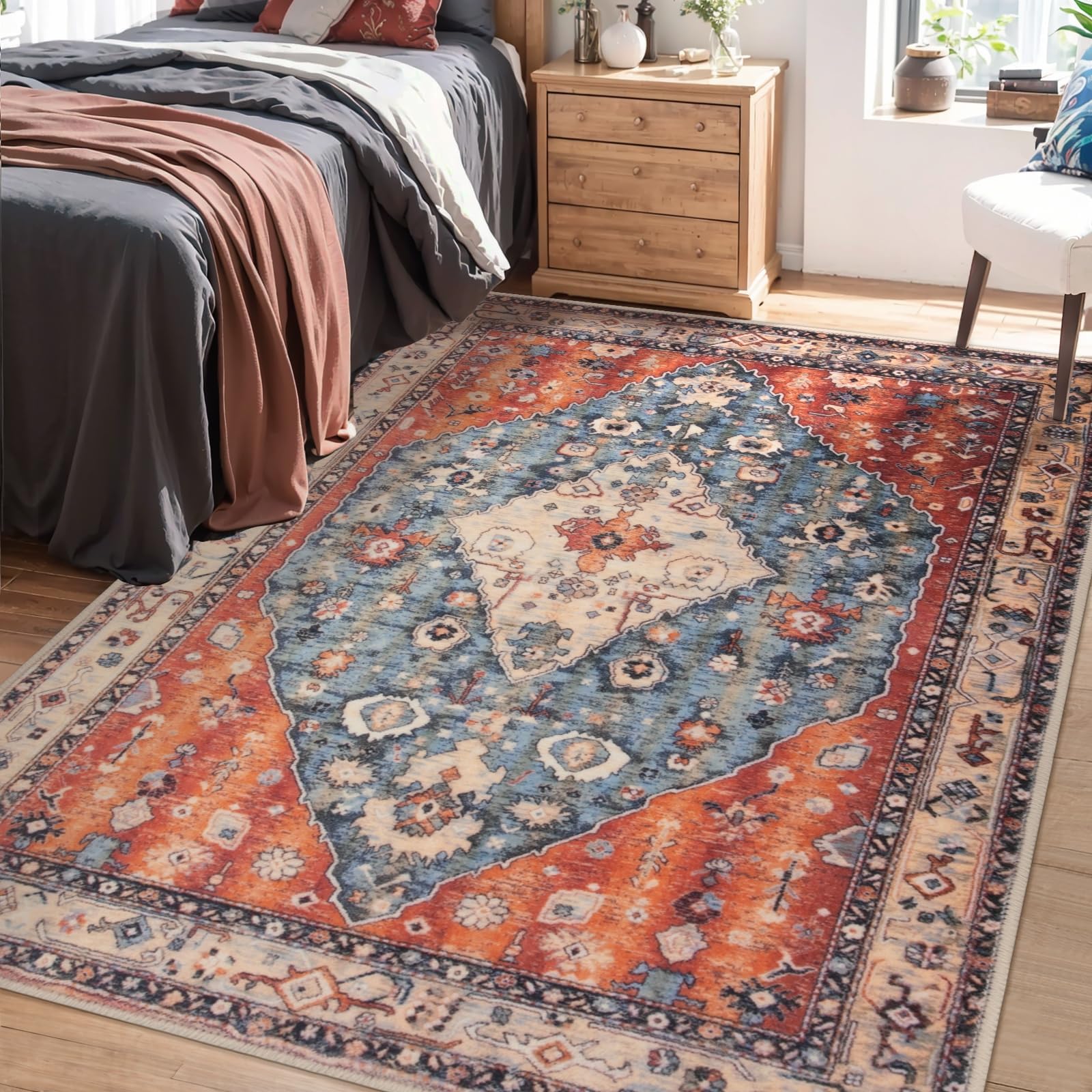 SERISSA Washable Rugs 8x10 Area Rugs, Large Non-Slip Boho Living Room Rust Rug, Ultra Soft Vintage Print Distressed Oriental Tribal Farmhouse Carpet for Dining Room Bedroom Dorm Office Home Decor