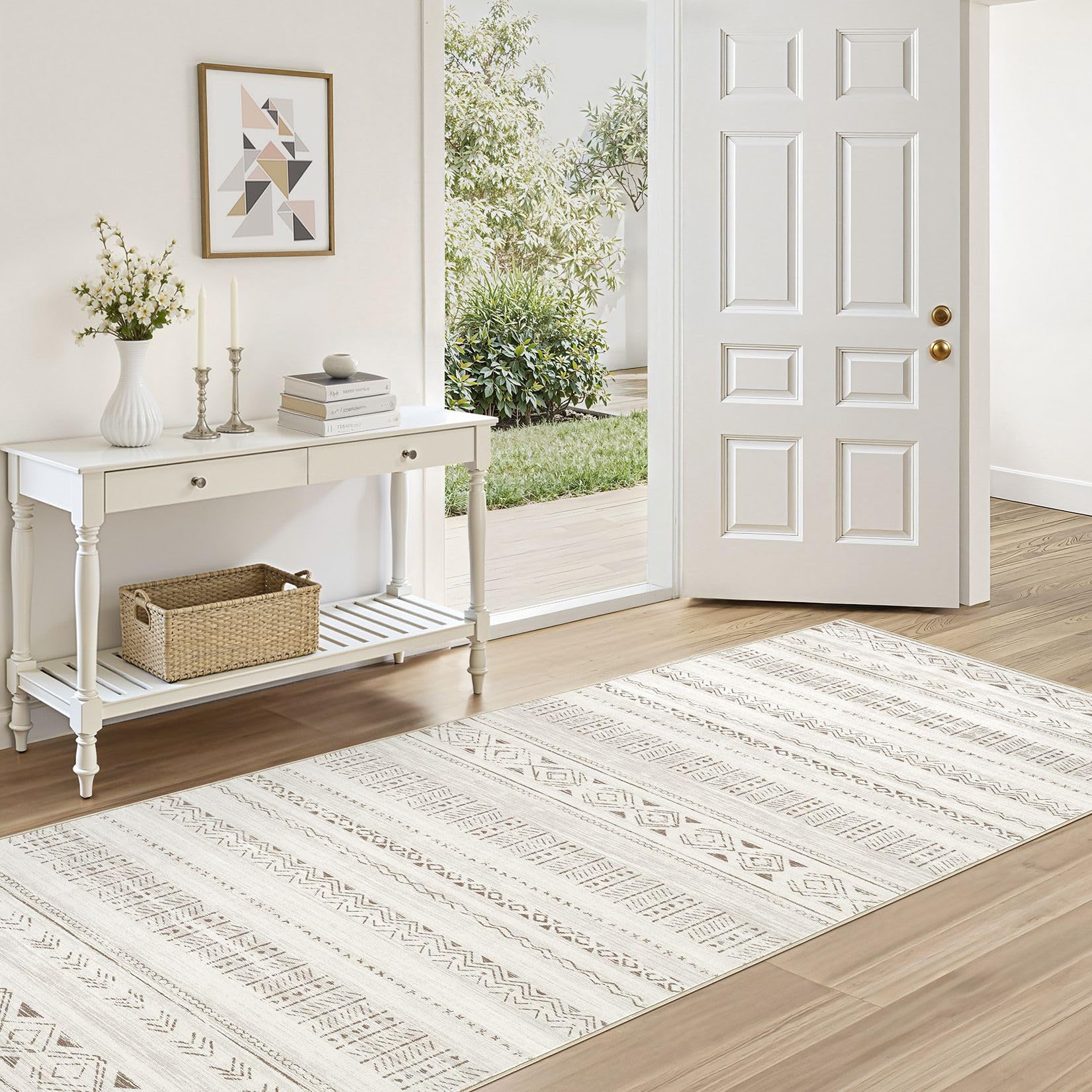 cotiled 5x7 Area Rug Living Room: Washable Boho Rugs with Non Slip Backing Large Soft Indoor Stain Resistant Carpet for Bedroom Farmhouse Dining Room Lightweight Home Decor L Brown/Cream