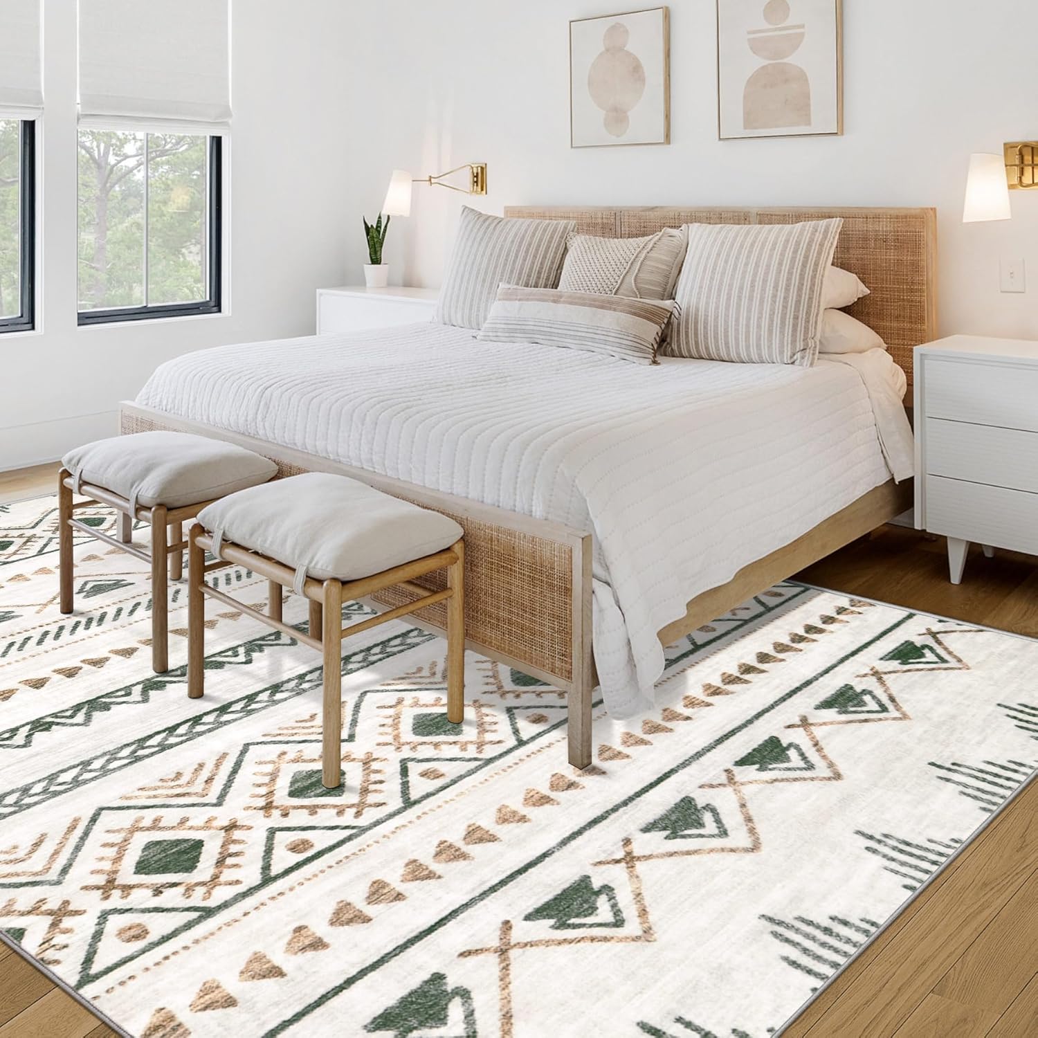 Area Rug Living Room Rugs 8x10 - Large Soft Boho Geometric Rug, Non-Slip Foldable Washable Rugs Non Shedding Morden Indoor Floor Carpet for Living Room Bedroom Office Dining Room(Brown Green,8'x10')