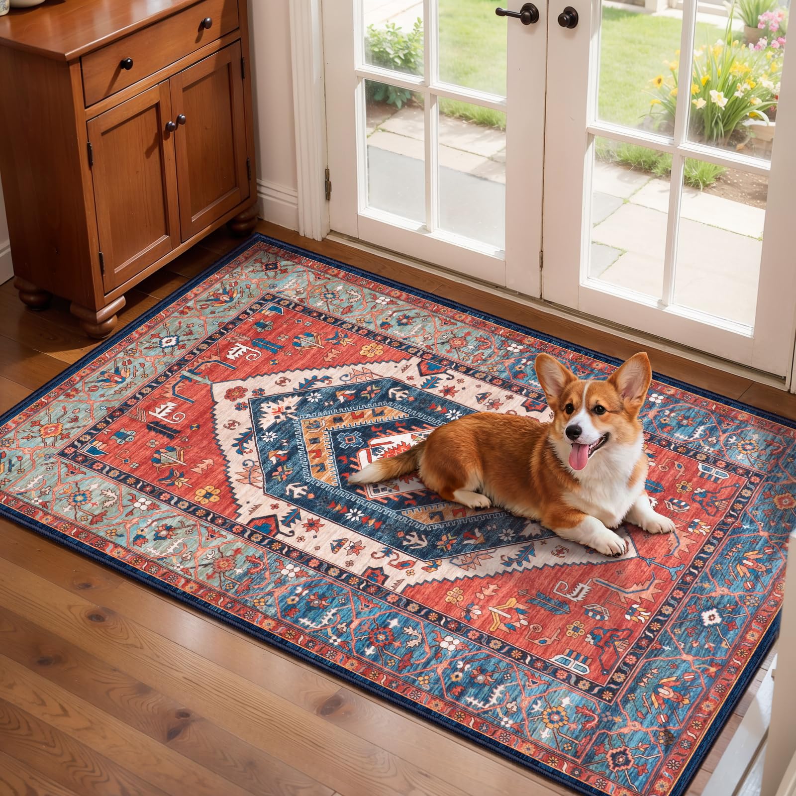 SERISSA Washable Rugs 8x10 Area Rugs, Large Non-Slip Boho Living Room Rust Rug, Ultra Soft Vintage Print Distressed Oriental Tribal Farmhouse Carpet for Dining Room Bedroom Dorm Office Home Decor