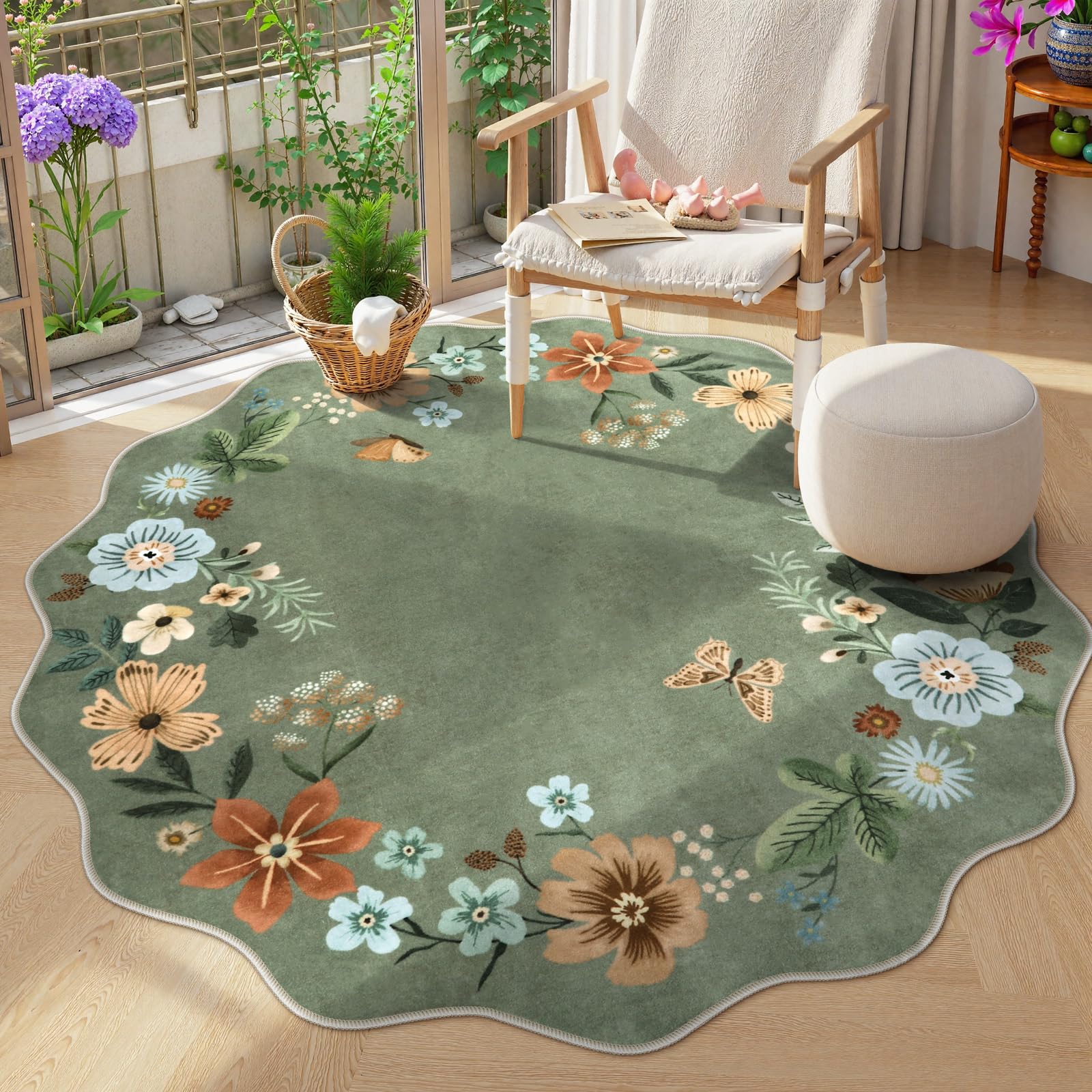 Lahome Floral Living Room Rugs, Area Rugs 5x7 Rug for Bedroom Ultra-Thin Soft Rug, Non-Slip Washable Rugs Stain Resistant Boho Rug Flore Throw Rug for ‎Dining Room Office (5x7ft,Green)