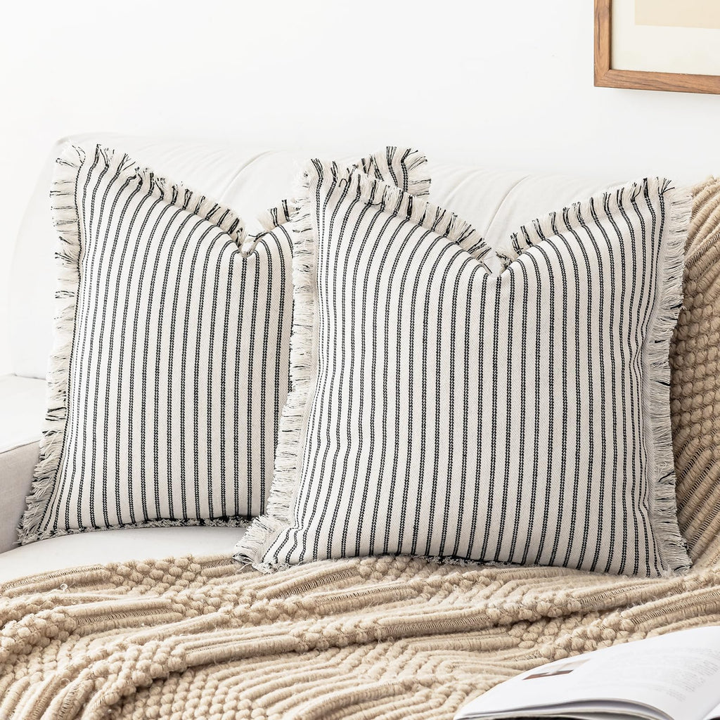 YEENAASY Throw Pillow Covers 18x18 Set of 2 Striped Fringe Pillow Cover Farmhouse Cushion Covers with Tassel Neutral Boho Pillows Decorative Square Pillowcase for Couch Sofa Bed, Khaki