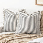 YEENAASY Throw Pillow Covers 18x18 Set of 2 Striped Fringe Pillow Cover Farmhouse Cushion Covers with Tassel Neutral Boho Pillows Decorative Square Pillowcase for Couch Sofa Bed, Khaki