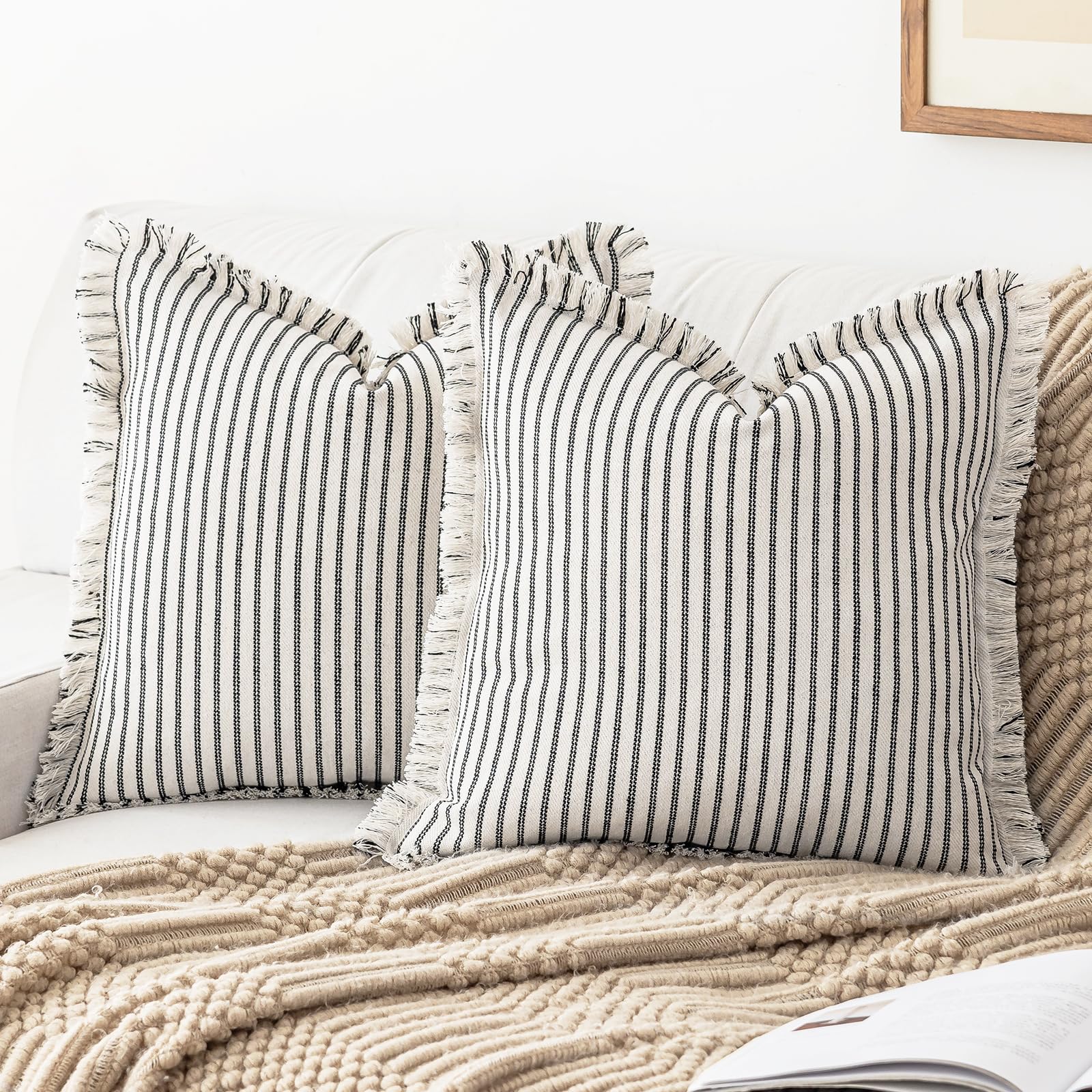 YEENAASY Throw Pillow Covers 18x18 Set of 2 Striped Fringe Pillow Cover Farmhouse Cushion Covers with Tassel Neutral Boho Pillows Decorative Square Pillowcase for Couch Sofa Bed, Khaki