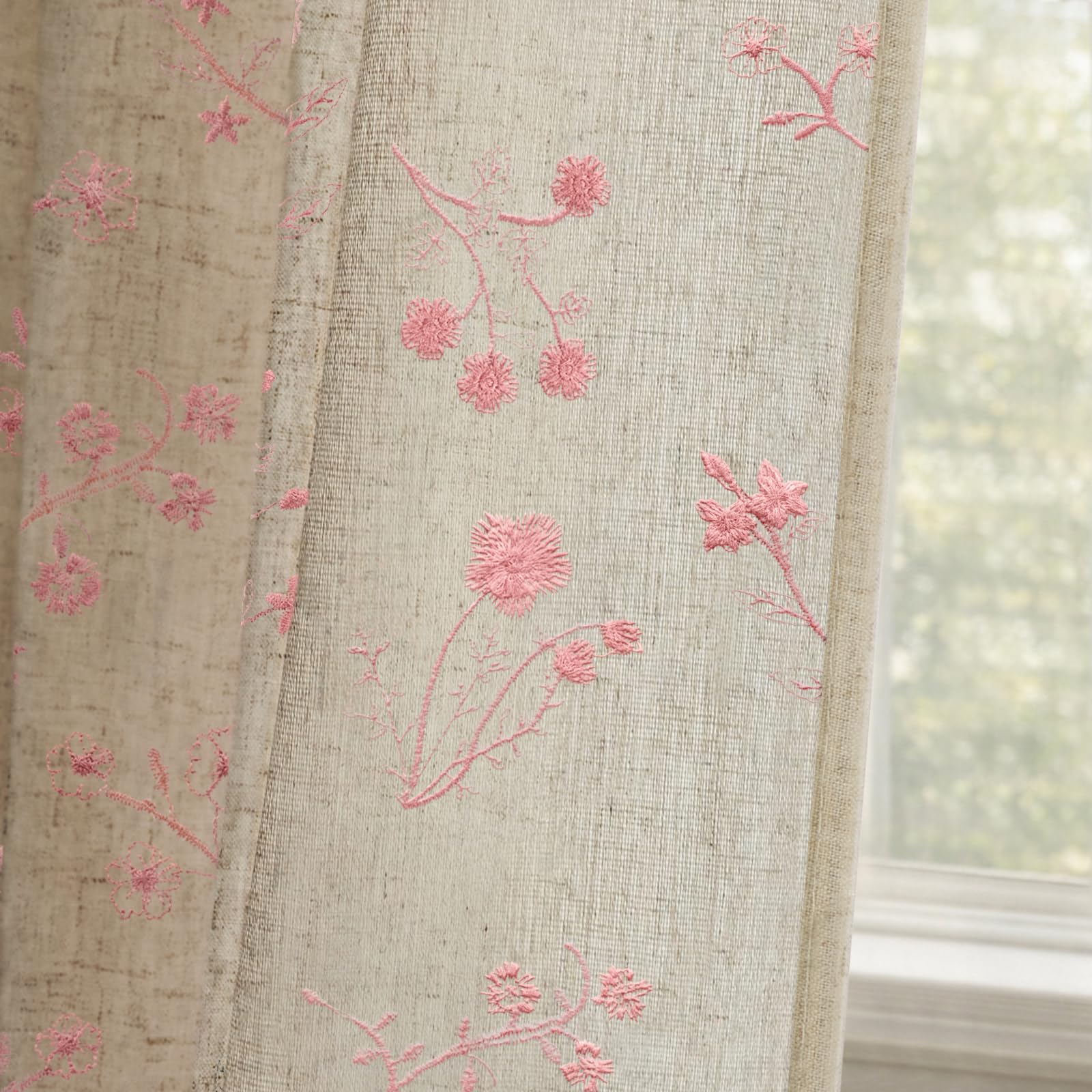 Floral Embroidered Linen Blend Curtains for Bedroom, 84 Inch Light Filtering Spring Farmhouse Vintage Drapes Beige Flower Window Treatments for Living Room Rod Pocket, Set of 2 Panels