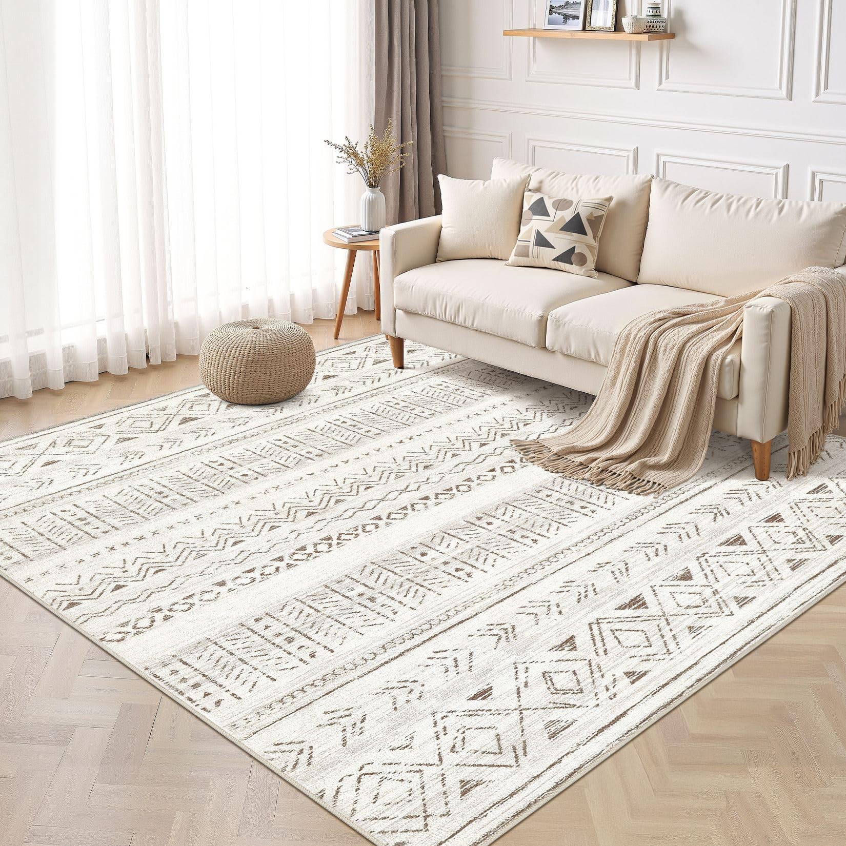 cotiled 5x7 Area Rug Living Room: Washable Boho Rugs with Non Slip Backing Large Soft Indoor Stain Resistant Carpet for Bedroom Farmhouse Dining Room Lightweight Home Decor L Brown/Cream