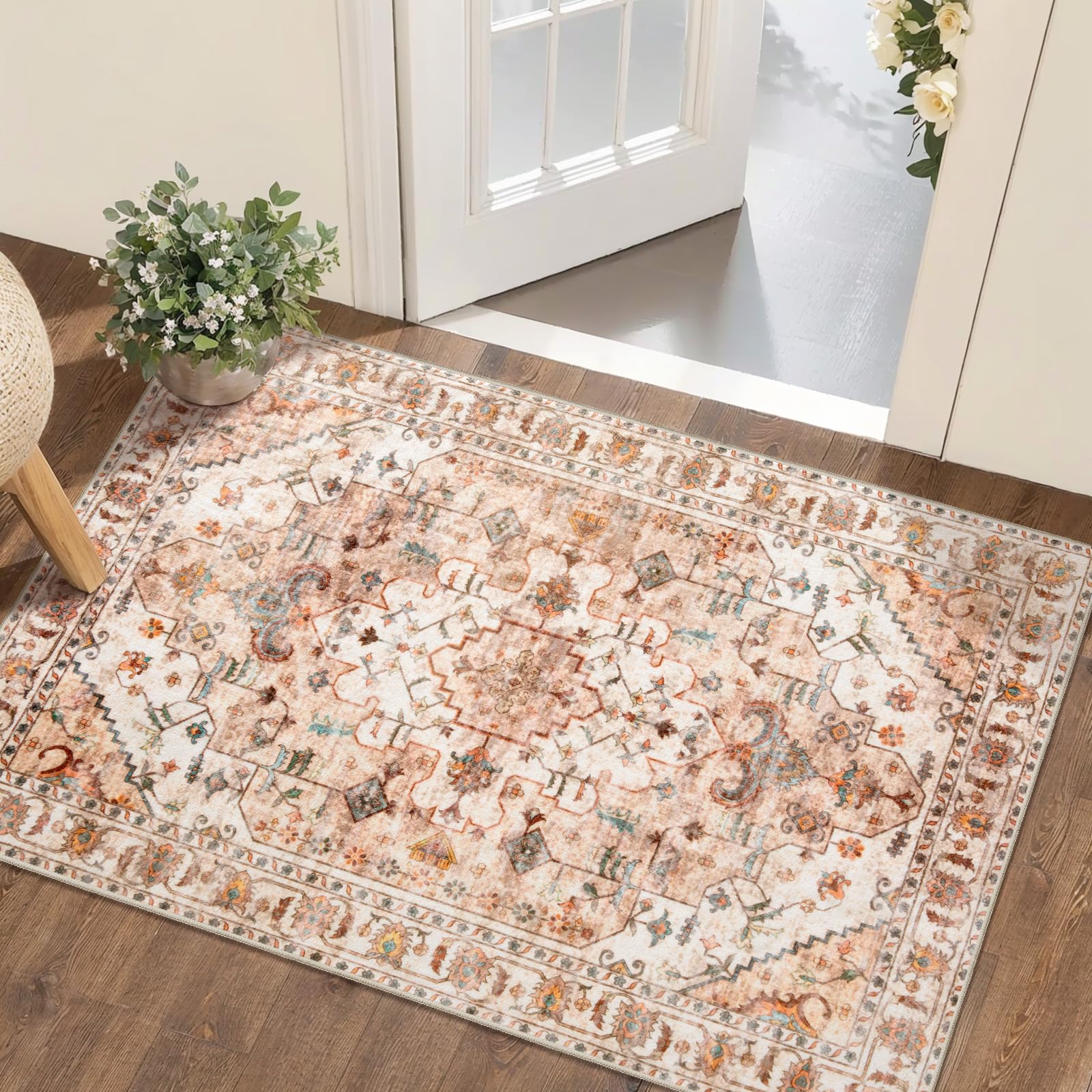 SERISSA Washable Rugs 8x10 Area Rugs, Large Non-Slip Boho Living Room Rust Rug, Ultra Soft Vintage Print Distressed Oriental Tribal Farmhouse Carpet for Dining Room Bedroom Dorm Office Home Decor