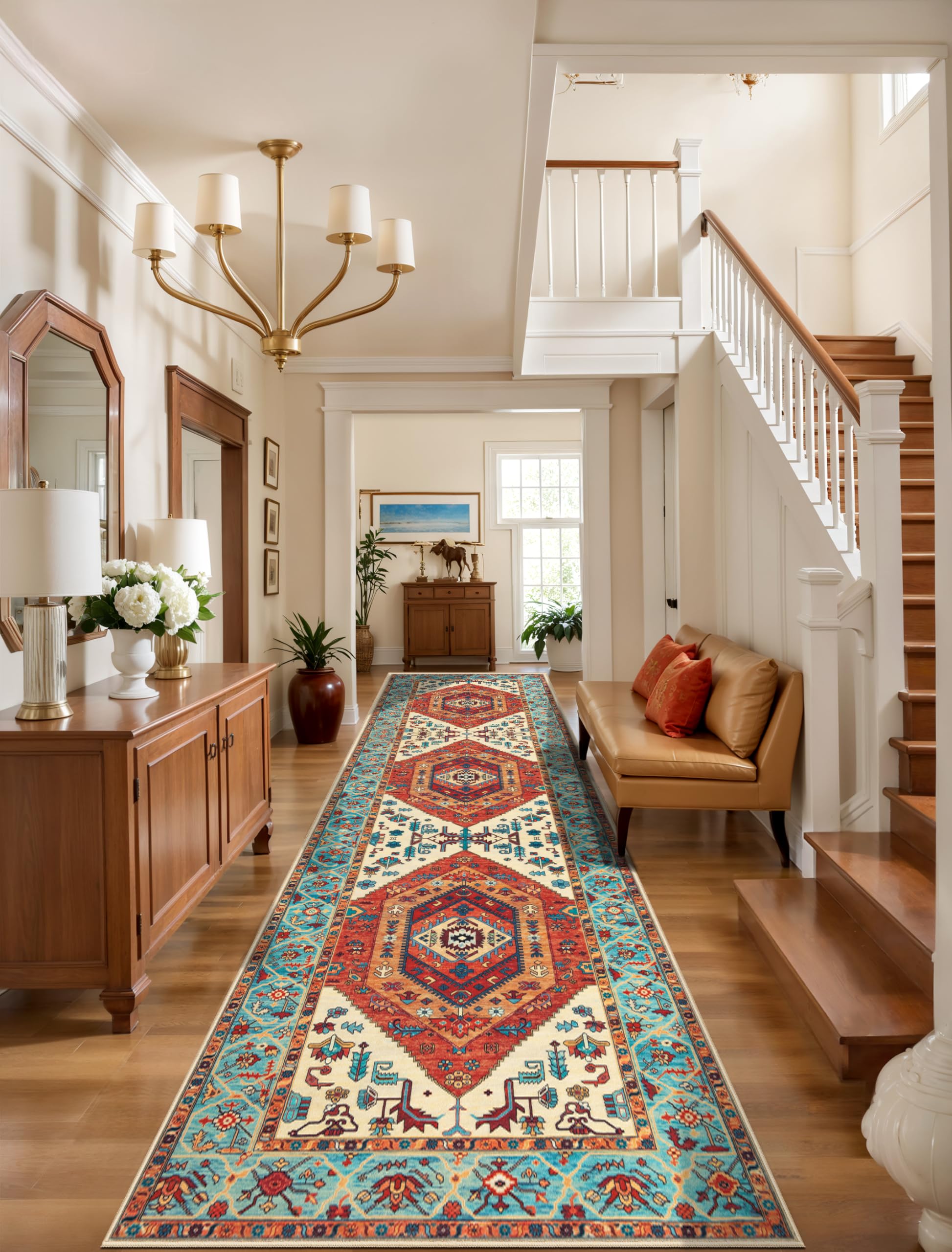 SERISSA Washable Rugs 8x10 Area Rugs, Large Non-Slip Boho Living Room Rust Rug, Ultra Soft Vintage Print Distressed Oriental Tribal Farmhouse Carpet for Dining Room Bedroom Dorm Office Home Decor