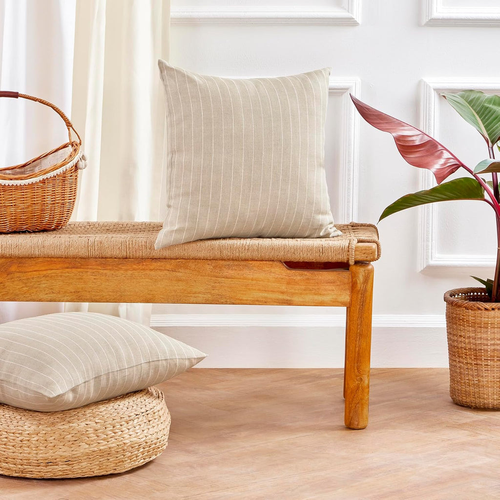 20×20 Inch Natural White Stripe 100% Linen Throw Pillow Cover with Invisible Zipper for Sofa Bed