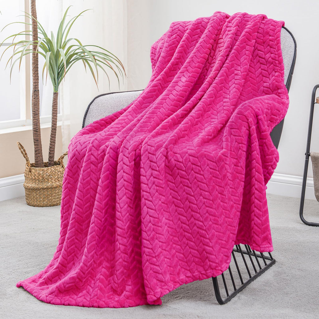 Exclusivo Mezcla Fleece Queen Size Blanket for Bed, 90x90 Inches Soft Cozy Jacquard Flannel Blankets, Lightweight Fuzzy Plush for Women, Pink