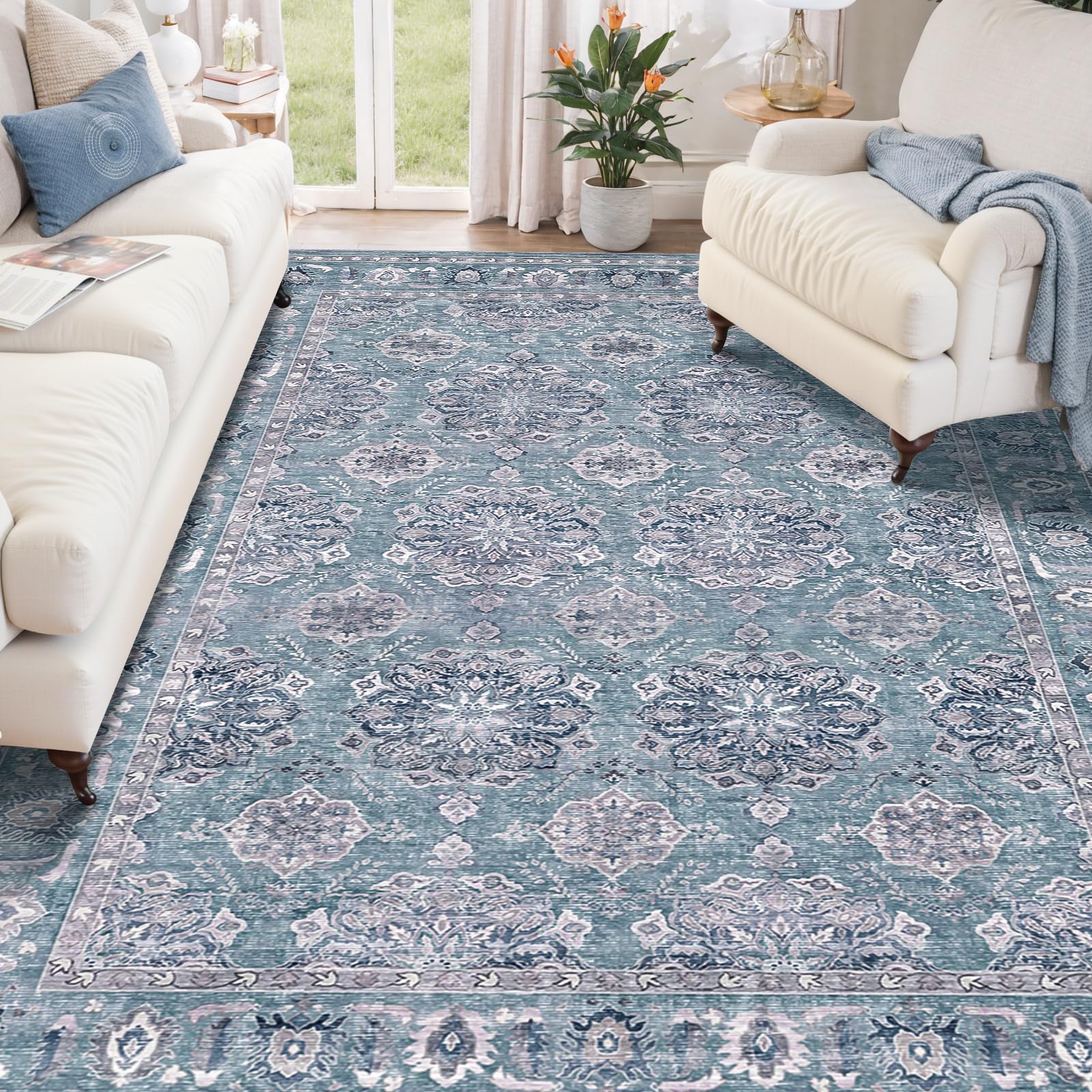SERISSA Washable Rugs 8x10 Area Rugs, Large Non-Slip Boho Living Room Rust Rug, Ultra Soft Vintage Print Distressed Oriental Tribal Farmhouse Carpet for Dining Room Bedroom Dorm Office Home Decor