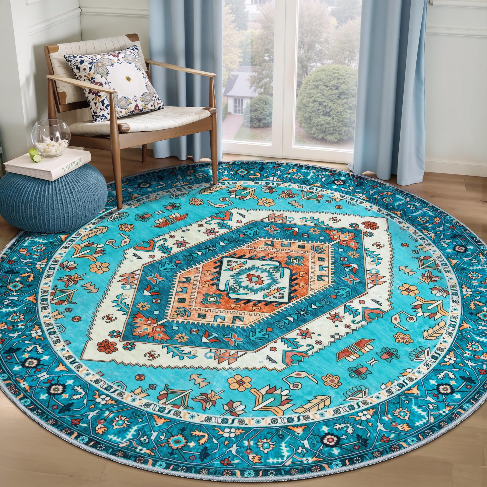 SERISSA Washable Rugs 8x10 Area Rugs, Large Non-Slip Boho Living Room Rust Rug, Ultra Soft Vintage Print Distressed Oriental Tribal Farmhouse Carpet for Dining Room Bedroom Dorm Office Home Decor