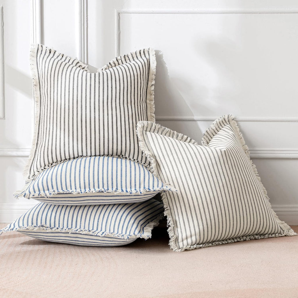 MIULEE Pack of 2 Black Pillow Covers 20x20 Inch Striped Farmhouse Couch Throw Pillow Covers with Fringe Chic Linen Decorative Cushion Covers for Sofa Living Room Bed Outdoor Home Decor