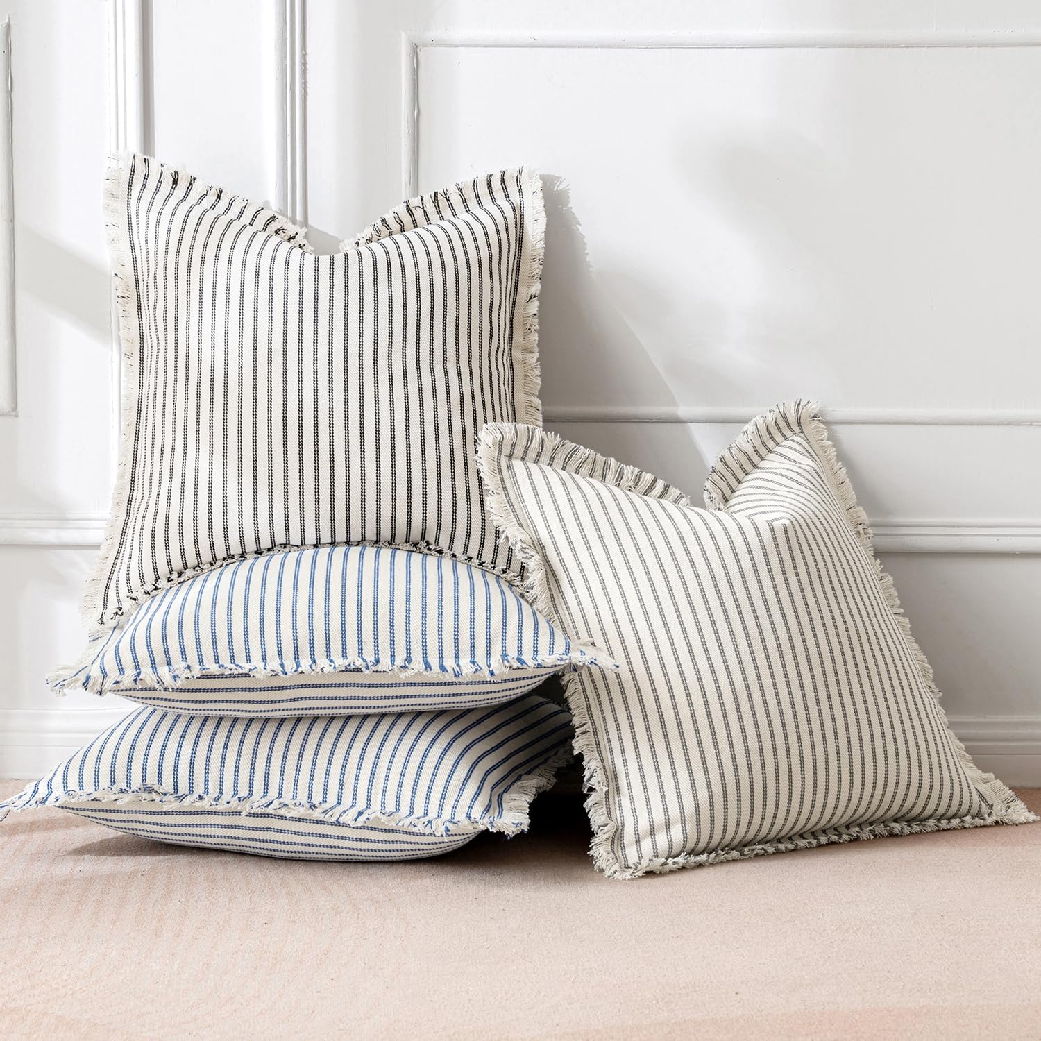 MIULEE Pack of 2 Black Pillow Covers 20x20 Inch Striped Farmhouse Couch Throw Pillow Covers with Fringe Chic Linen Decorative Cushion Covers for Sofa Living Room Bed Outdoor Home Decor