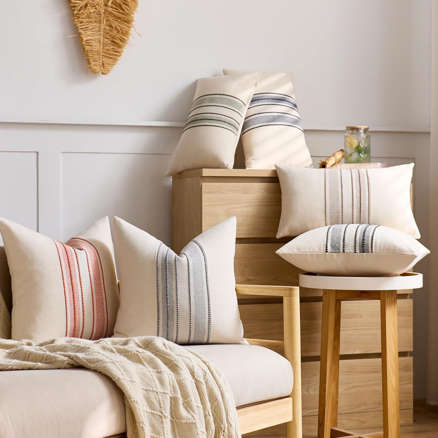 Striped Linen Textured Throw Pillow Covers 18x18 Inch Set of 2,Boho Decorative Cushion Covers, Neutral Navy Blue Accent Pillowcases for Couch, Sofa, Bed Farmhouse & Modern Living Room Decor
