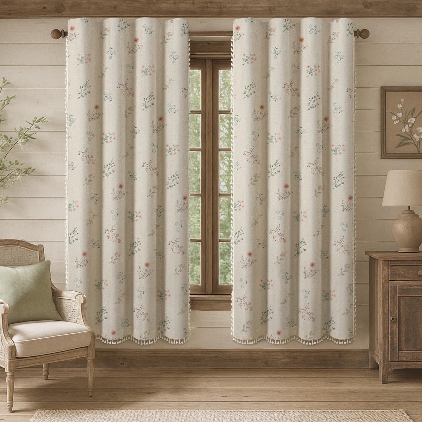 Floral Embroidered Linen Blend Curtains for Bedroom, 84 Inch Light Filtering Spring Farmhouse Vintage Drapes Beige Flower Window Treatments for Living Room Rod Pocket, Set of 2 Panels