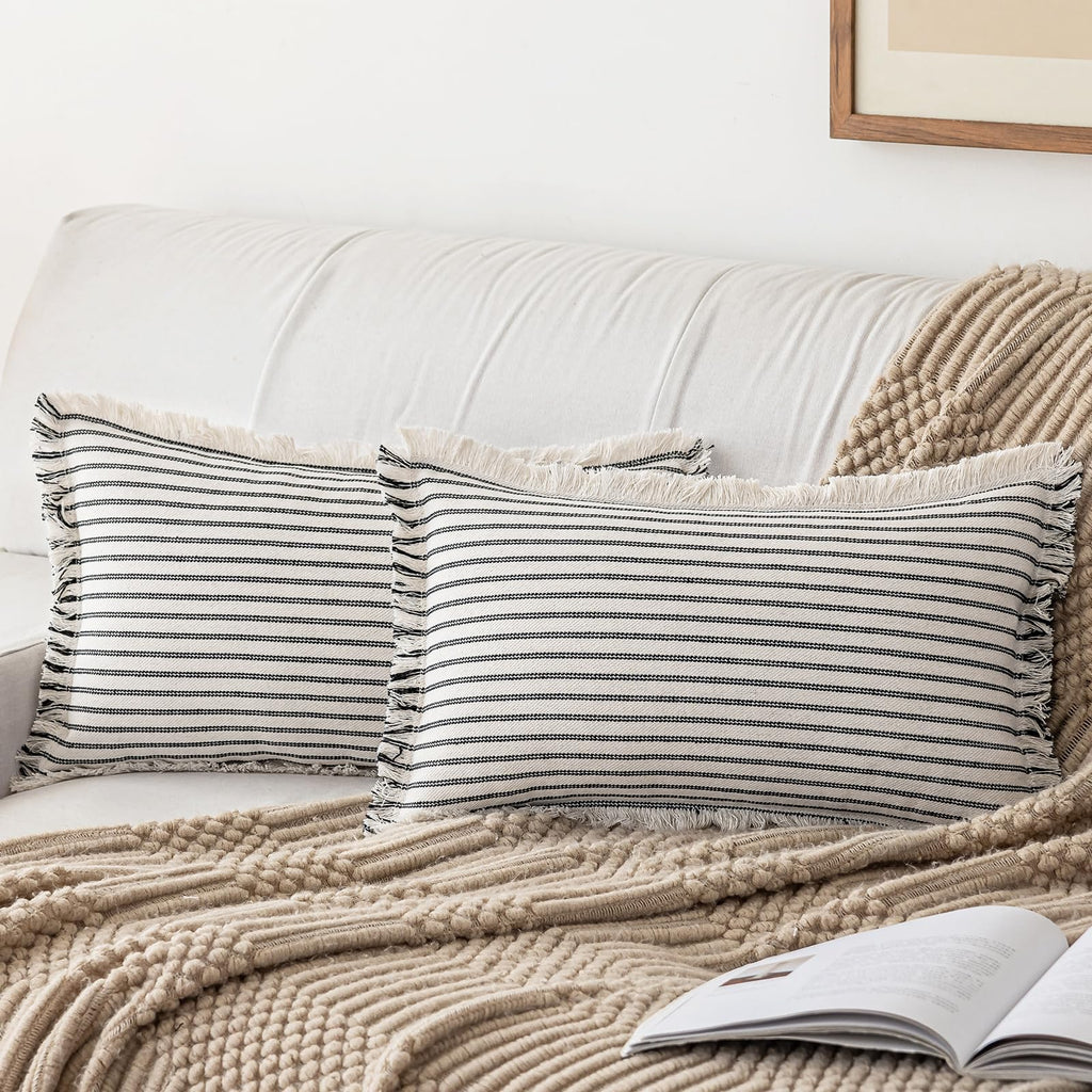 YEENAASY Throw Pillow Covers 18x18 Set of 2 Striped Fringe Pillow Cover Farmhouse Cushion Covers with Tassel Neutral Boho Pillows Decorative Square Pillowcase for Couch Sofa Bed, Khaki