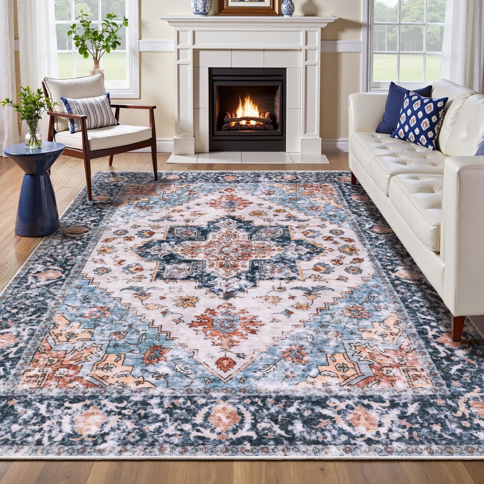 SERISSA Washable Rugs 8x10 Area Rugs, Large Non-Slip Boho Living Room Rust Rug, Ultra Soft Vintage Print Distressed Oriental Tribal Farmhouse Carpet for Dining Room Bedroom Dorm Office Home Decor