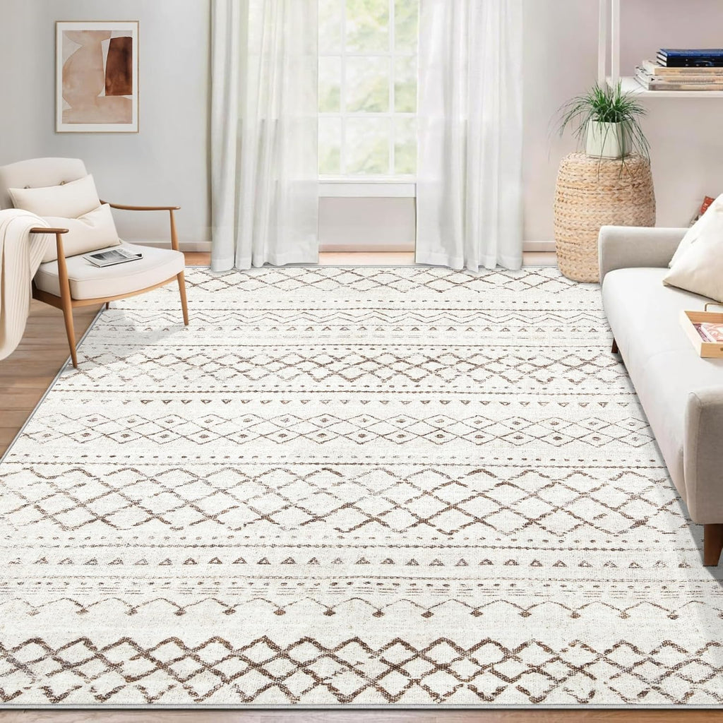 Area Rug Living Room Rugs 8x10 - Large Soft Boho Geometric Rug, Non-Slip Foldable Washable Rugs Non Shedding Morden Indoor Floor Carpet for Living Room Bedroom Office Dining Room(Brown Green,8'x10')