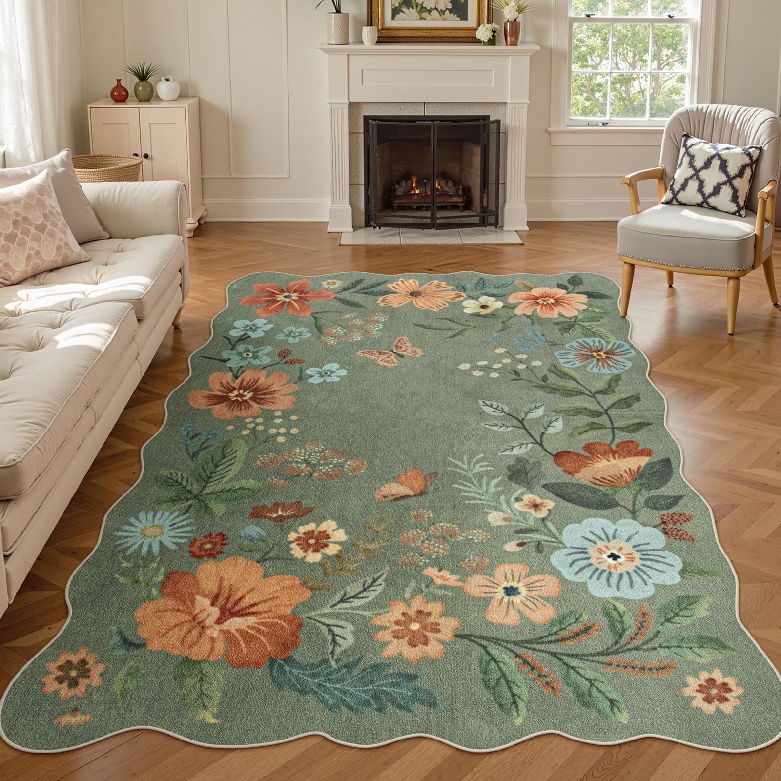 Lahome Floral Living Room Rugs, Area Rugs 5x7 Rug for Bedroom Ultra-Thin Soft Rug, Non-Slip Washable Rugs Stain Resistant Boho Rug Flore Throw Rug for ‎Dining Room Office (5x7ft,Green)