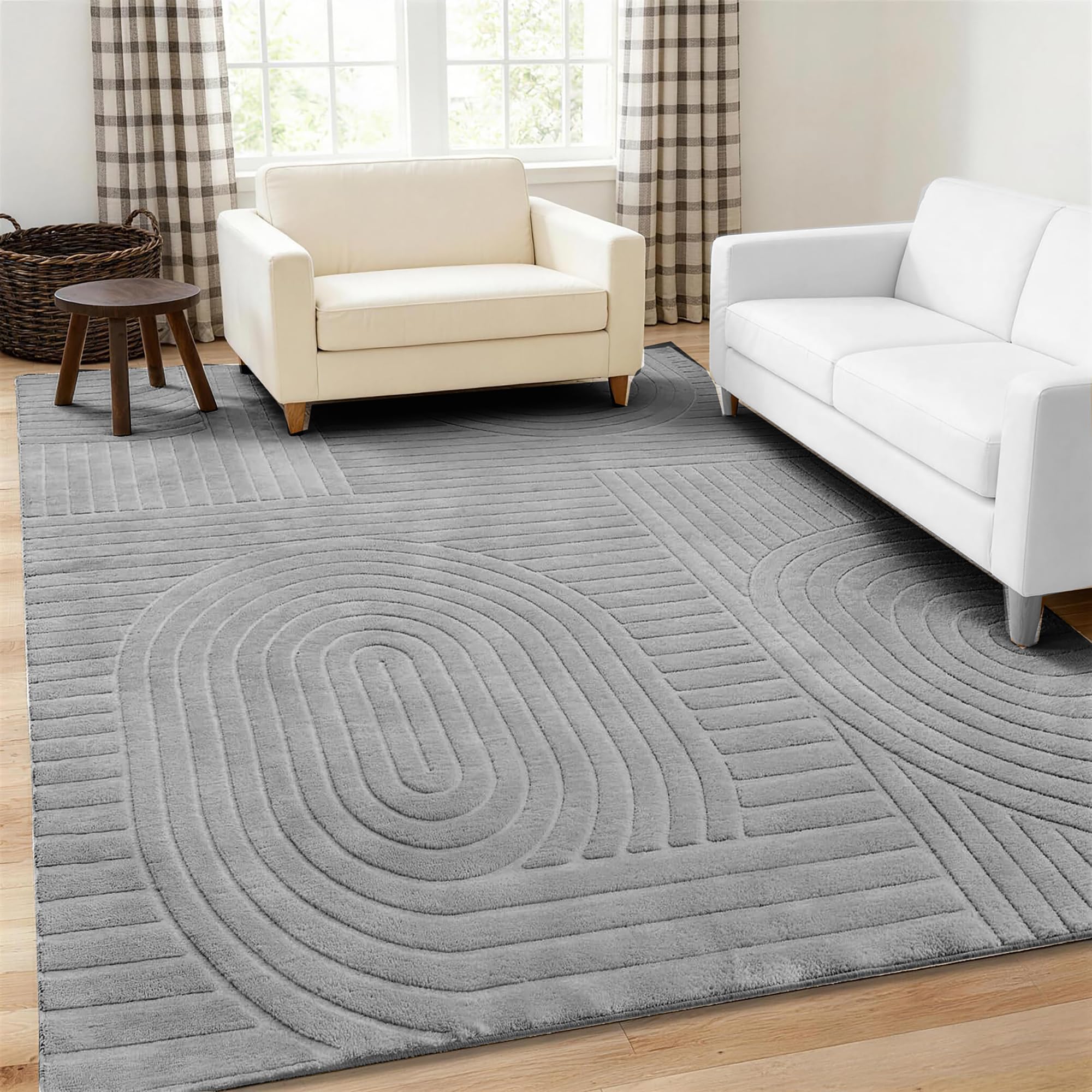 5x7 Geometric Solid Beige Area Rug – Washable, Durable Non-Slip Indoor Carpet with Soft High-Low Pile, Fluffy Floor Rugs for Living Room, Bedroom, Bedside, Kids Room, Nursery,Home Office Décor