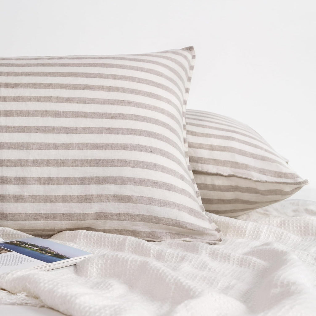 Striped Linen Pillow Cases Set of 2,20"x30" Standard/Queen Size,100% French Natural Flax Soft Linen Pillowcases,Natural Stripe