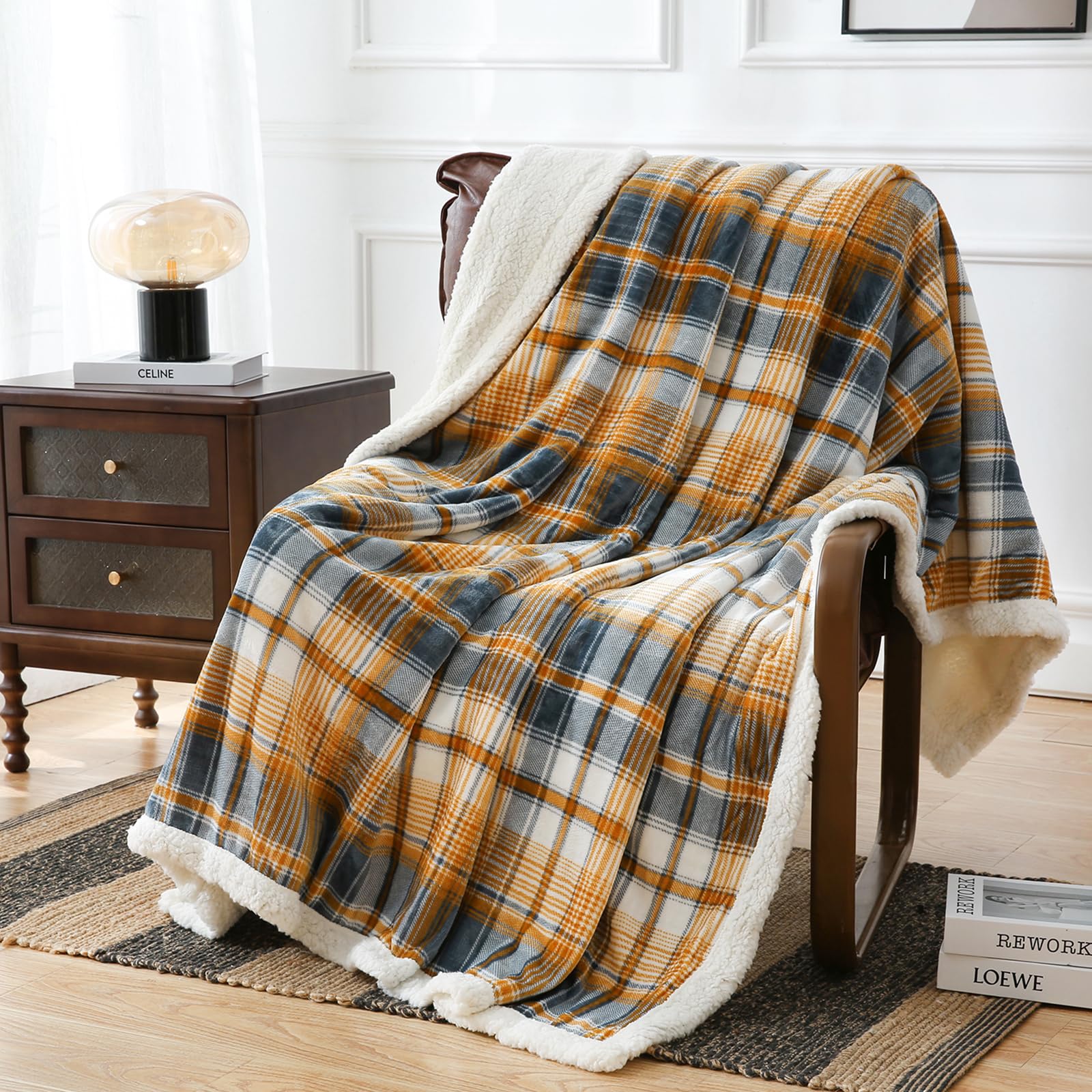 PU MEI Sherpa Fleece Throw Blanket 60" x 80" Reversible Plush Fluffy Large Big Blanket Lattice Flannel Blankets for Sofa Couch Bed (Grey-Soft Blue, 60"*80")