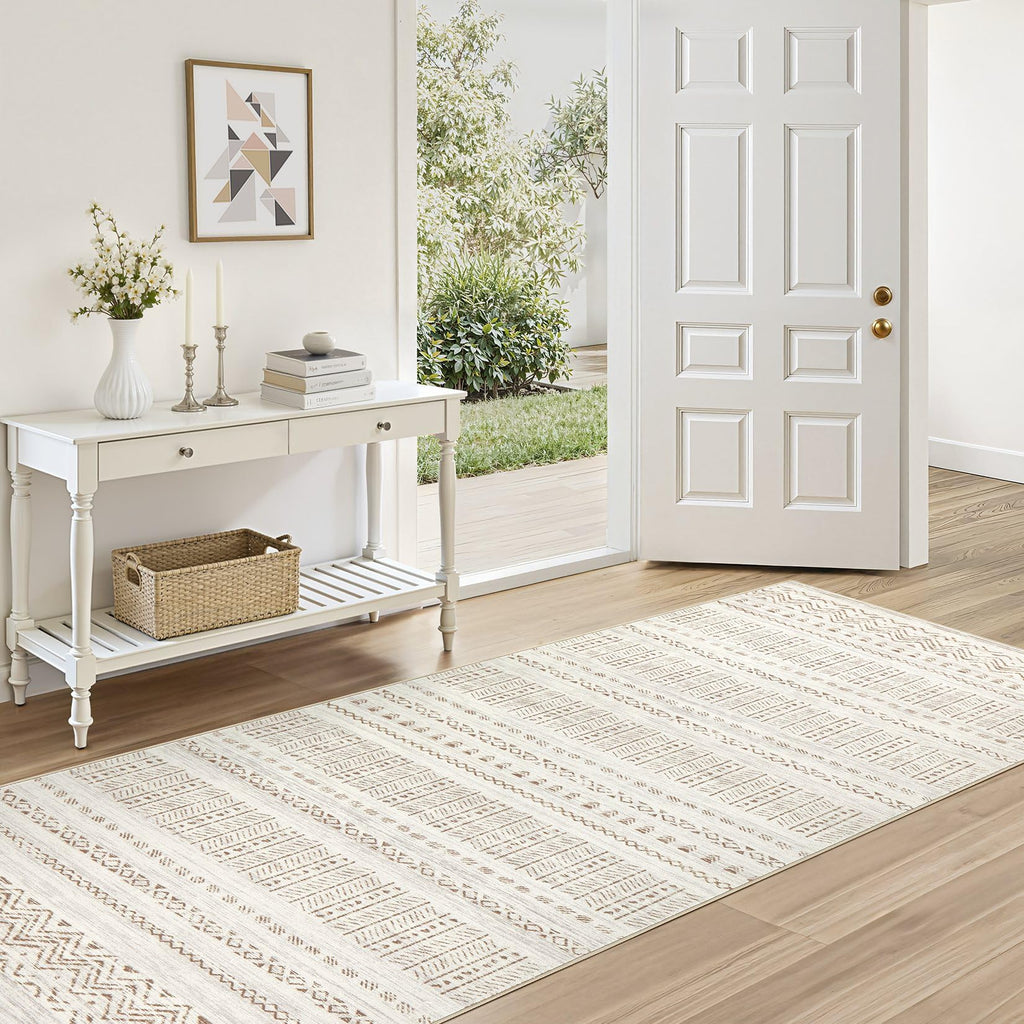 cotiled 5x7 Area Rug Living Room: Washable Boho Rugs with Non Slip Backing Large Soft Indoor Stain Resistant Carpet for Bedroom Farmhouse Dining Room Lightweight Home Decor L Brown/Cream