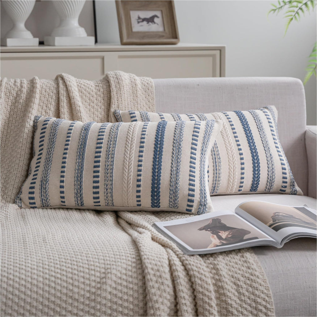 Cethom Navy Blue Boho Throw Pillow Covers 20x20 Inch Set of 2, Stripe Textured Decorative Couch Pillow Cases for Bed, Sofa, Living Room, Bedroom, Farmhouse Home Accent Cushion Covers
