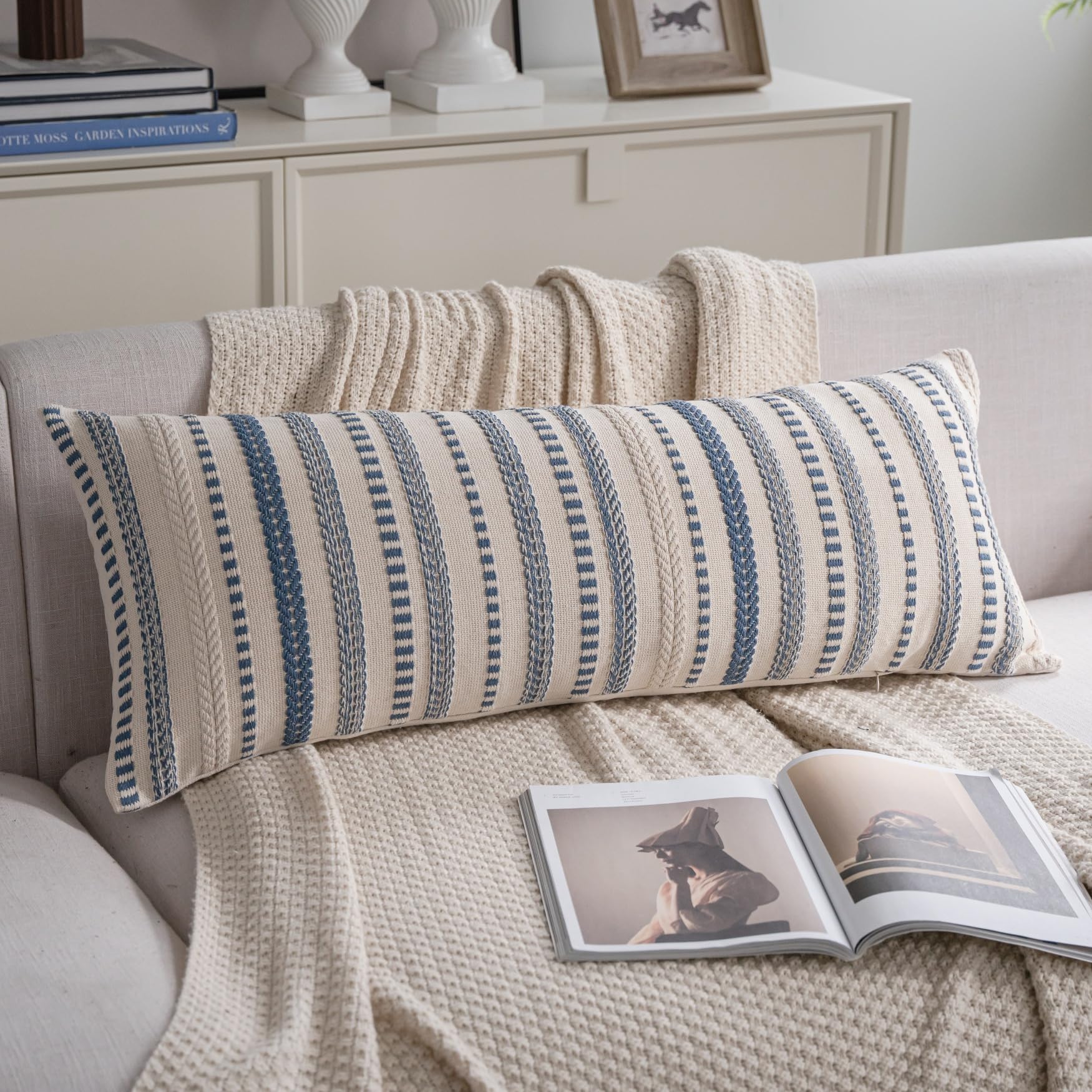 Cethom Navy Blue Boho Throw Pillow Covers 20x20 Inch Set of 2, Stripe Textured Decorative Couch Pillow Cases for Bed, Sofa, Living Room, Bedroom, Farmhouse Home Accent Cushion Covers