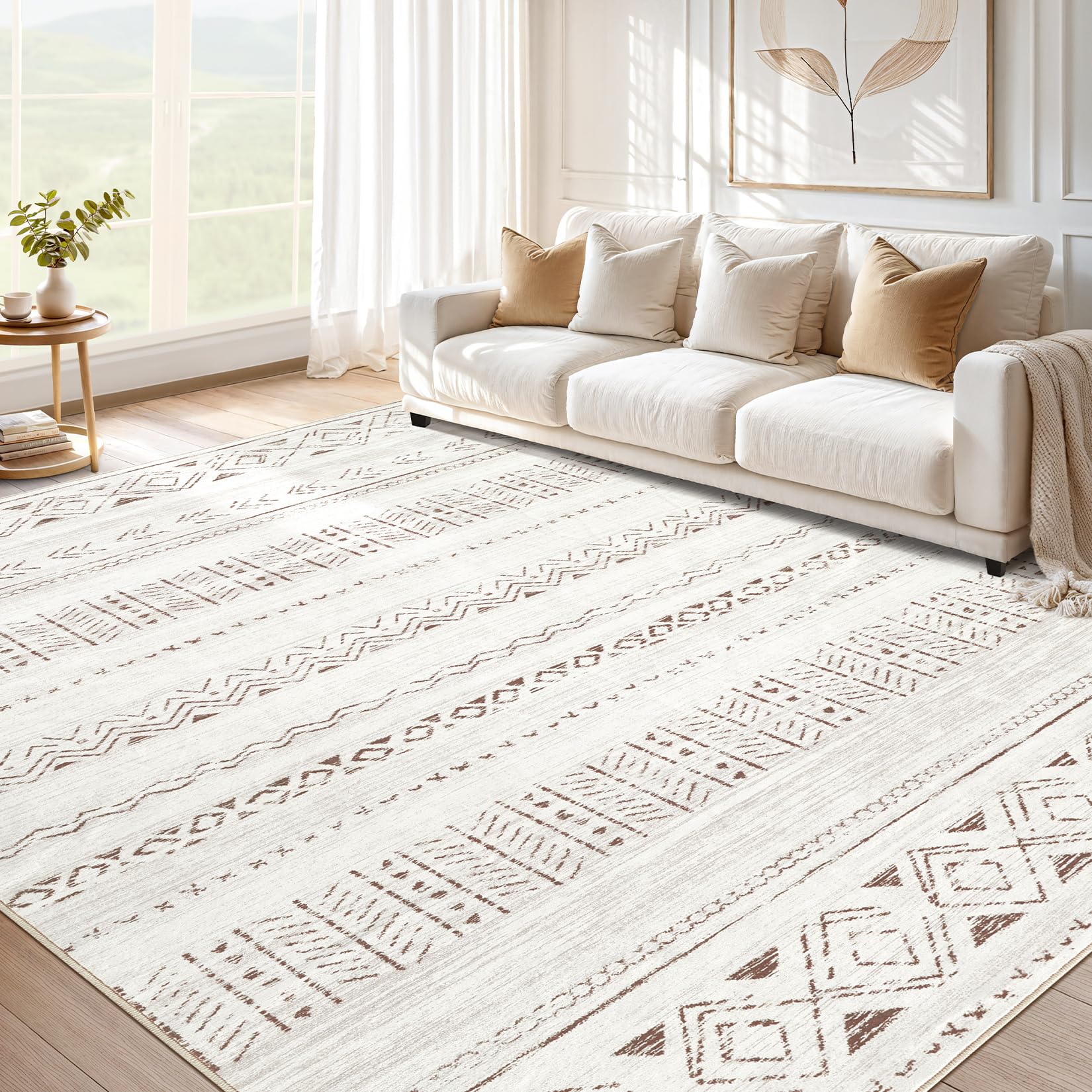 cotiled 5x7 Area Rug Living Room: Washable Boho Rugs with Non Slip Backing Large Soft Indoor Stain Resistant Carpet for Bedroom Farmhouse Dining Room Lightweight Home Decor L Brown/Cream