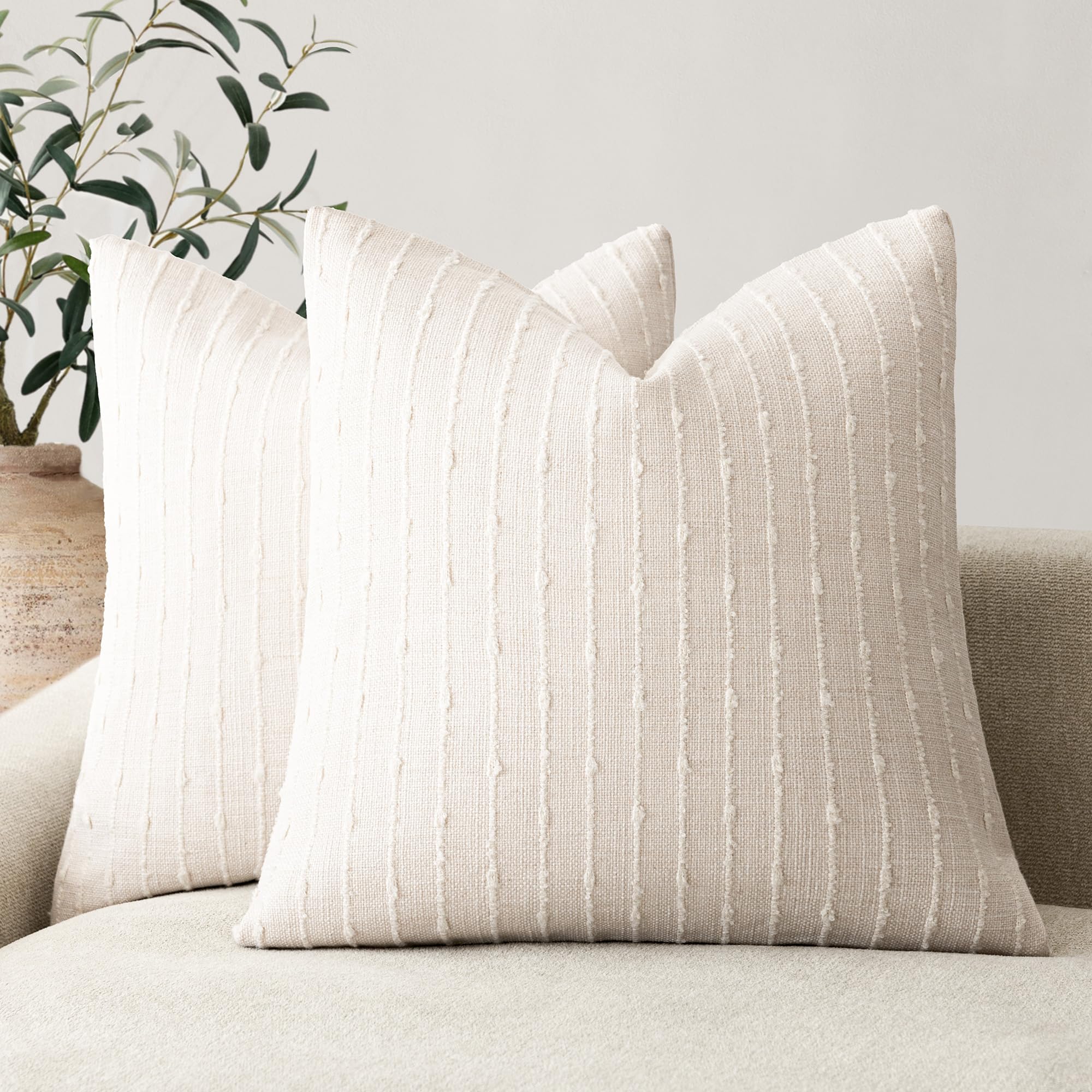 Foindtower Pack of 2 Decorative Jacquard Boucle Throw Pillow Covers Accent Textured Striped Pillowcases Soft Boho Modern Cushion for Couch Sofa Bedroom Living Room Home Decor 20x20 Inch Natural Beige