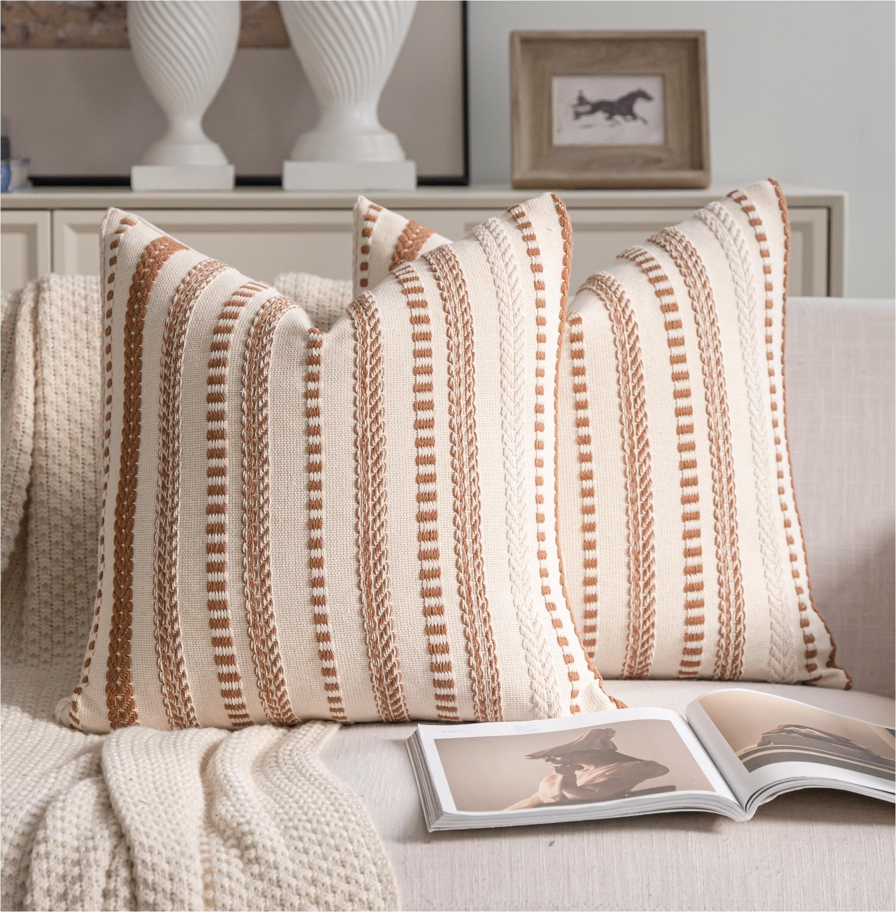 Cethom Navy Blue Boho Throw Pillow Covers 20x20 Inch Set of 2, Stripe Textured Decorative Couch Pillow Cases for Bed, Sofa, Living Room, Bedroom, Farmhouse Home Accent Cushion Covers