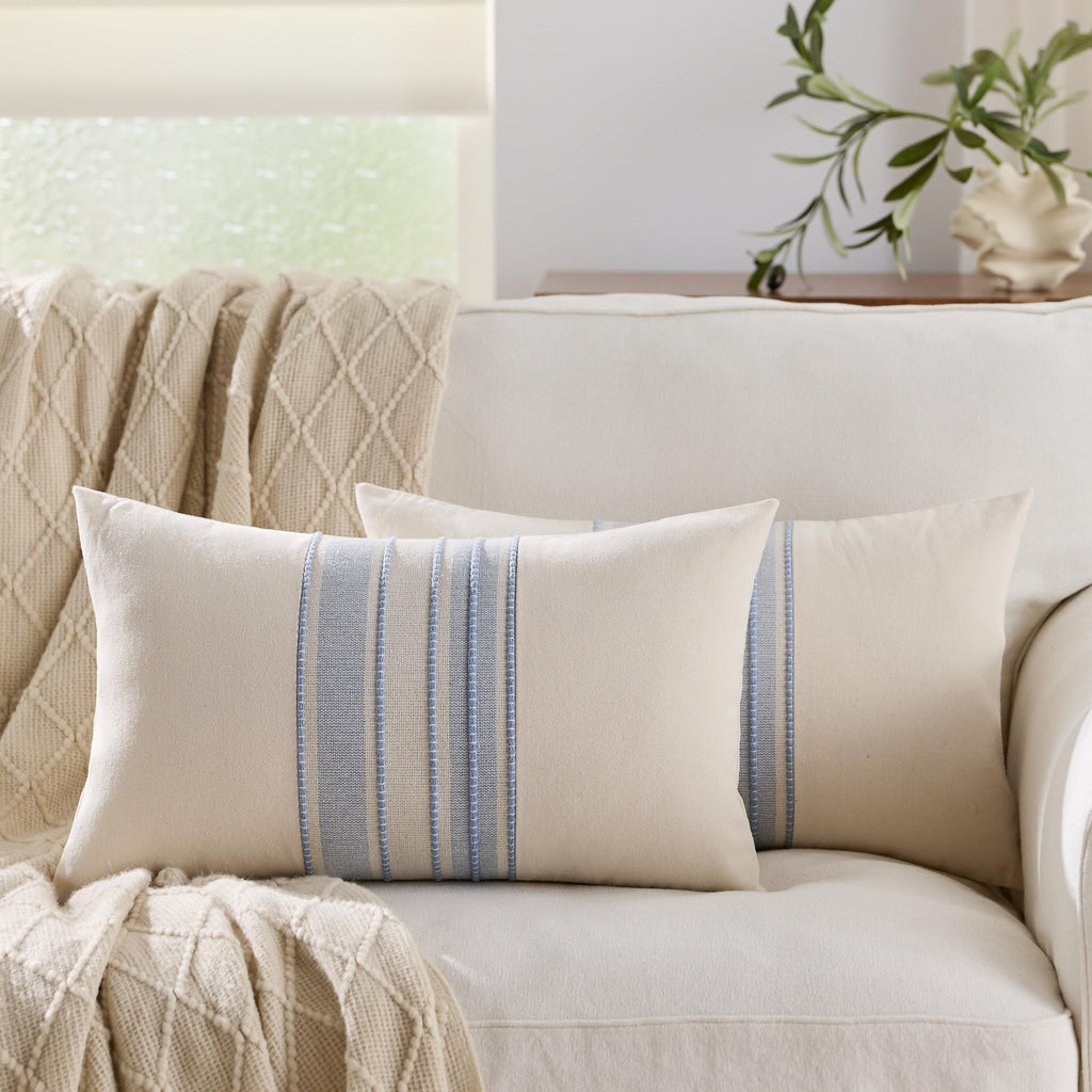 Striped Linen Textured Throw Pillow Covers 18x18 Inch Set of 2,Boho Decorative Cushion Covers, Neutral Navy Blue Accent Pillowcases for Couch, Sofa, Bed Farmhouse & Modern Living Room Decor