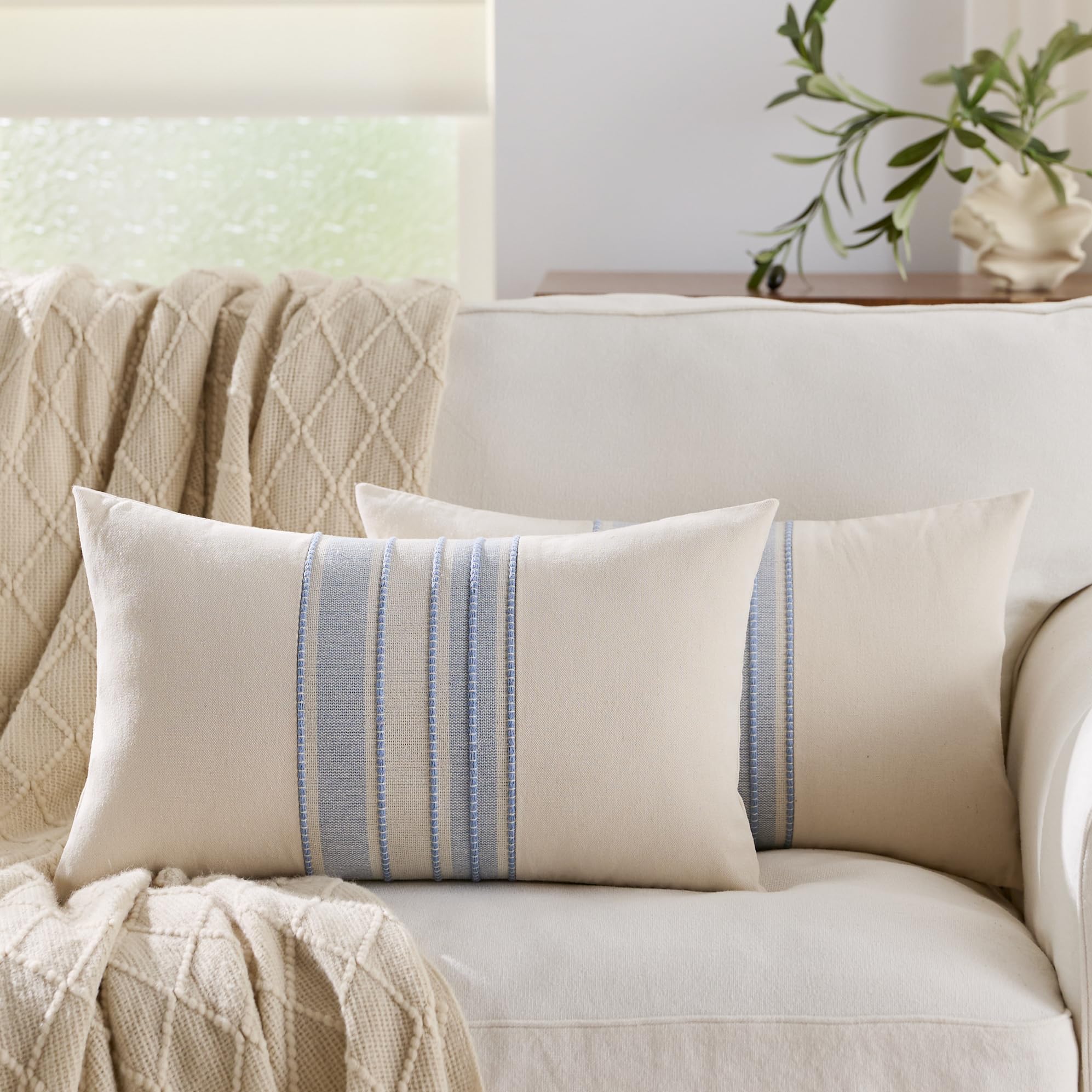 Striped Linen Textured Throw Pillow Covers 18x18 Inch Set of 2,Boho Decorative Cushion Covers, Neutral Navy Blue Accent Pillowcases for Couch, Sofa, Bed Farmhouse & Modern Living Room Decor