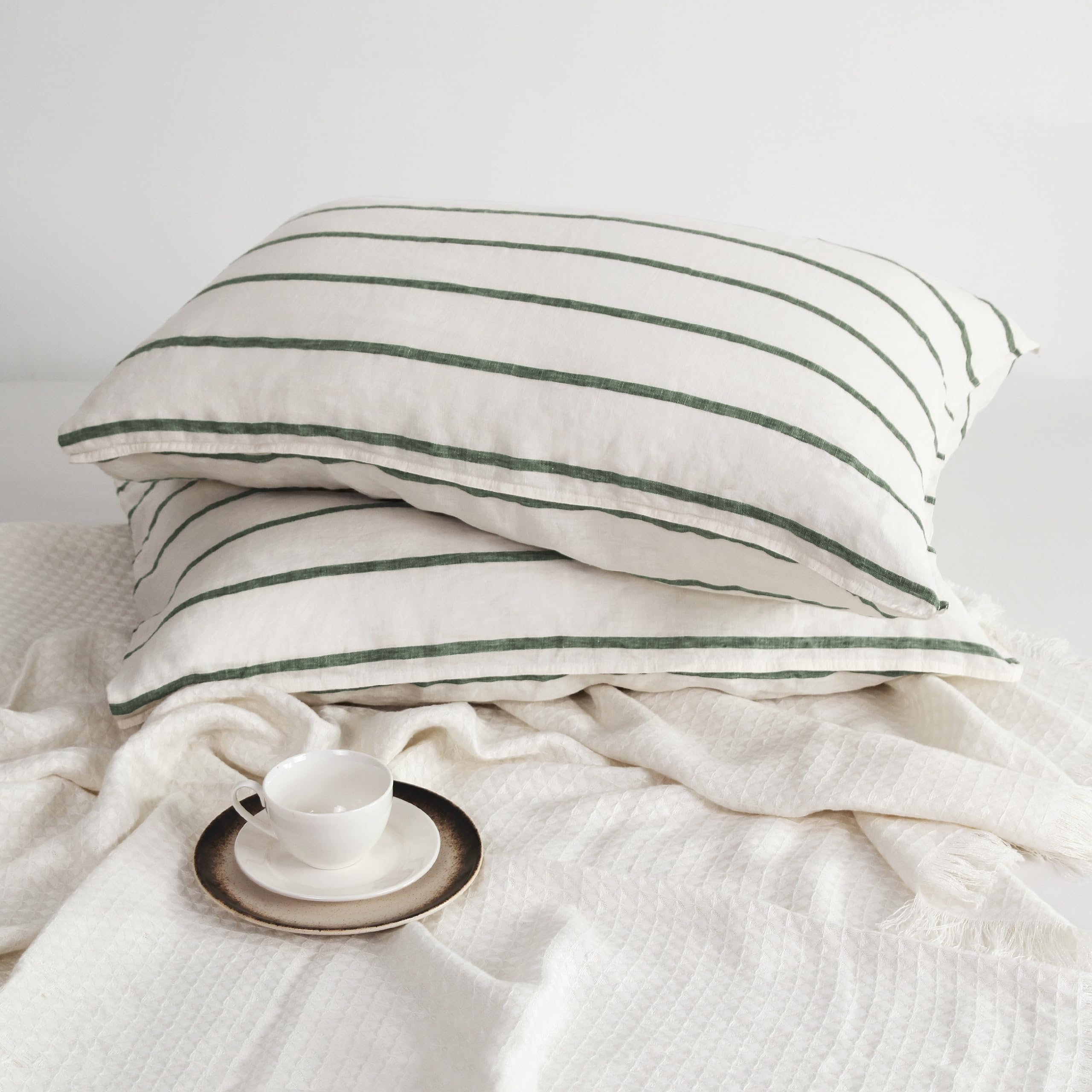 Striped Linen Pillow Cases Set of 2,20"x30" Standard/Queen Size,100% French Natural Flax Soft Linen Pillowcases,Natural Stripe