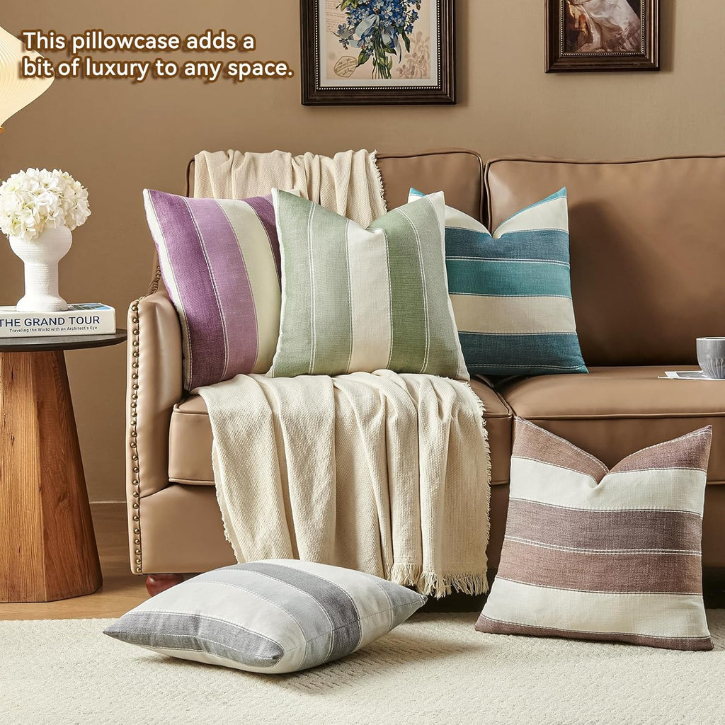 AmHoo Pack of 2 Farmhouse Stripe Check Throw Pillow Covers Set Case Cotton Linen Decorative Pillowcases Cushion Cover for Couch Bench Sofa 18x18 Inch Sage Green