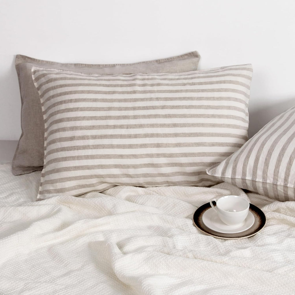 Striped Linen Pillow Cases Set of 2,20"x30" Standard/Queen Size,100% French Natural Flax Soft Linen Pillowcases,Natural Stripe