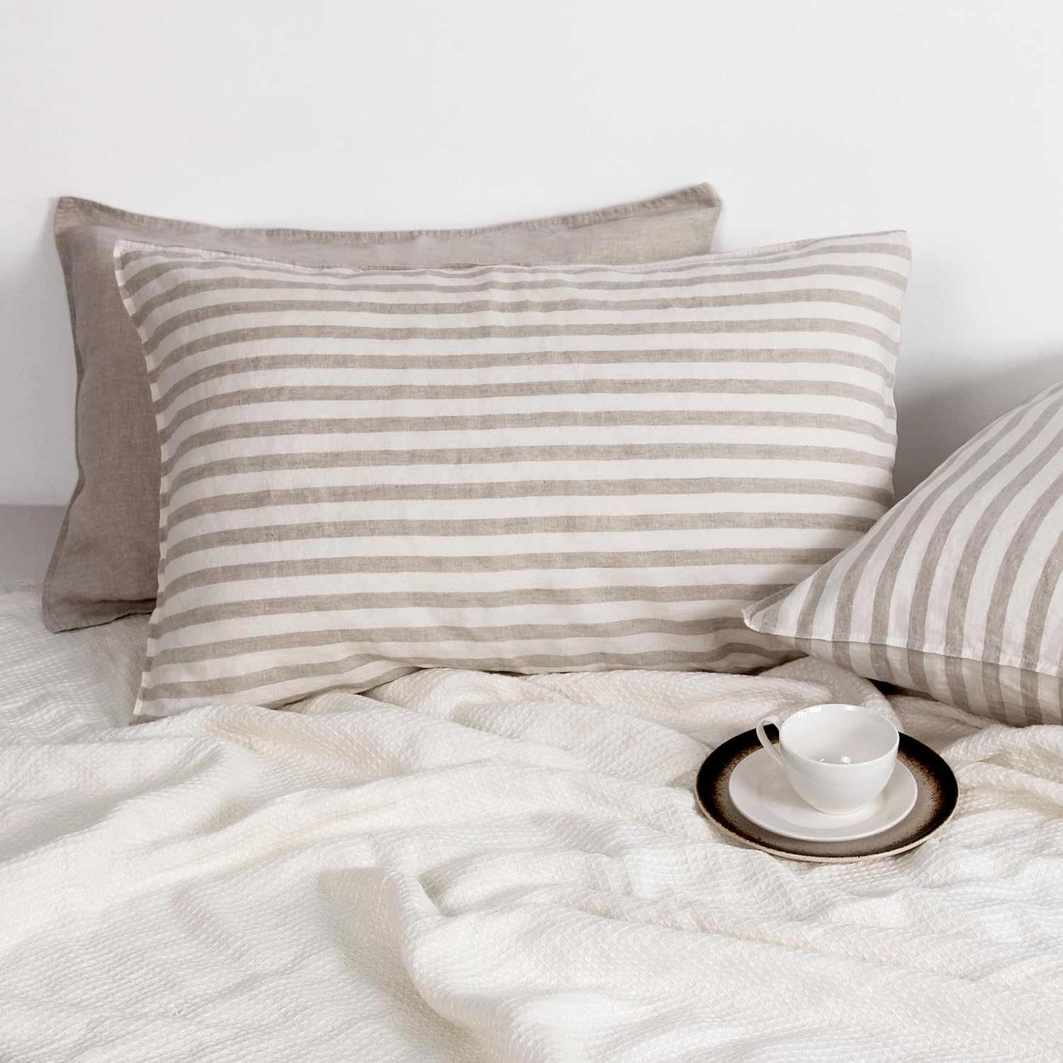 Striped Linen Pillow Cases Set of 2,20"x30" Standard/Queen Size,100% French Natural Flax Soft Linen Pillowcases,Natural Stripe