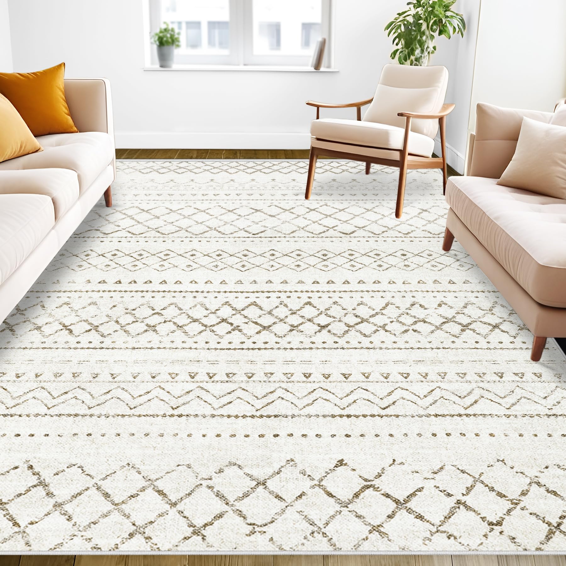 Area Rug Living Room Rugs 8x10 - Large Soft Boho Geometric Rug, Non-Slip Foldable Washable Rugs Non Shedding Morden Indoor Floor Carpet for Living Room Bedroom Office Dining Room(Brown Green,8'x10')