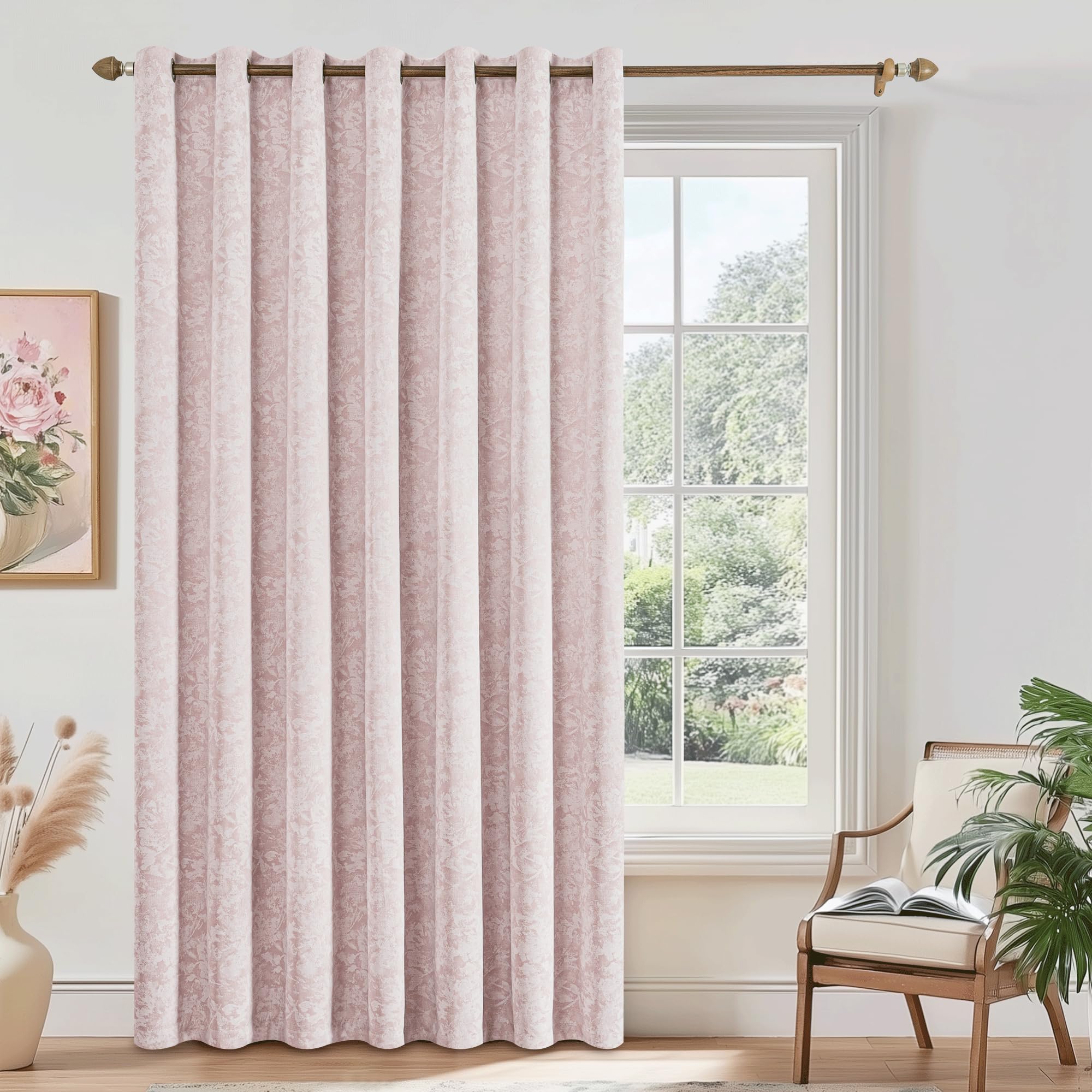 Beauoop Beige Floral Jacquard Blackout Curtains 90 Inches Long 2 Panels for Bedroom Living Room Chenille Flower Room Darkening Thermal Insulated Soundproof Rod Pocket Back Tab Window Drapes 52x90