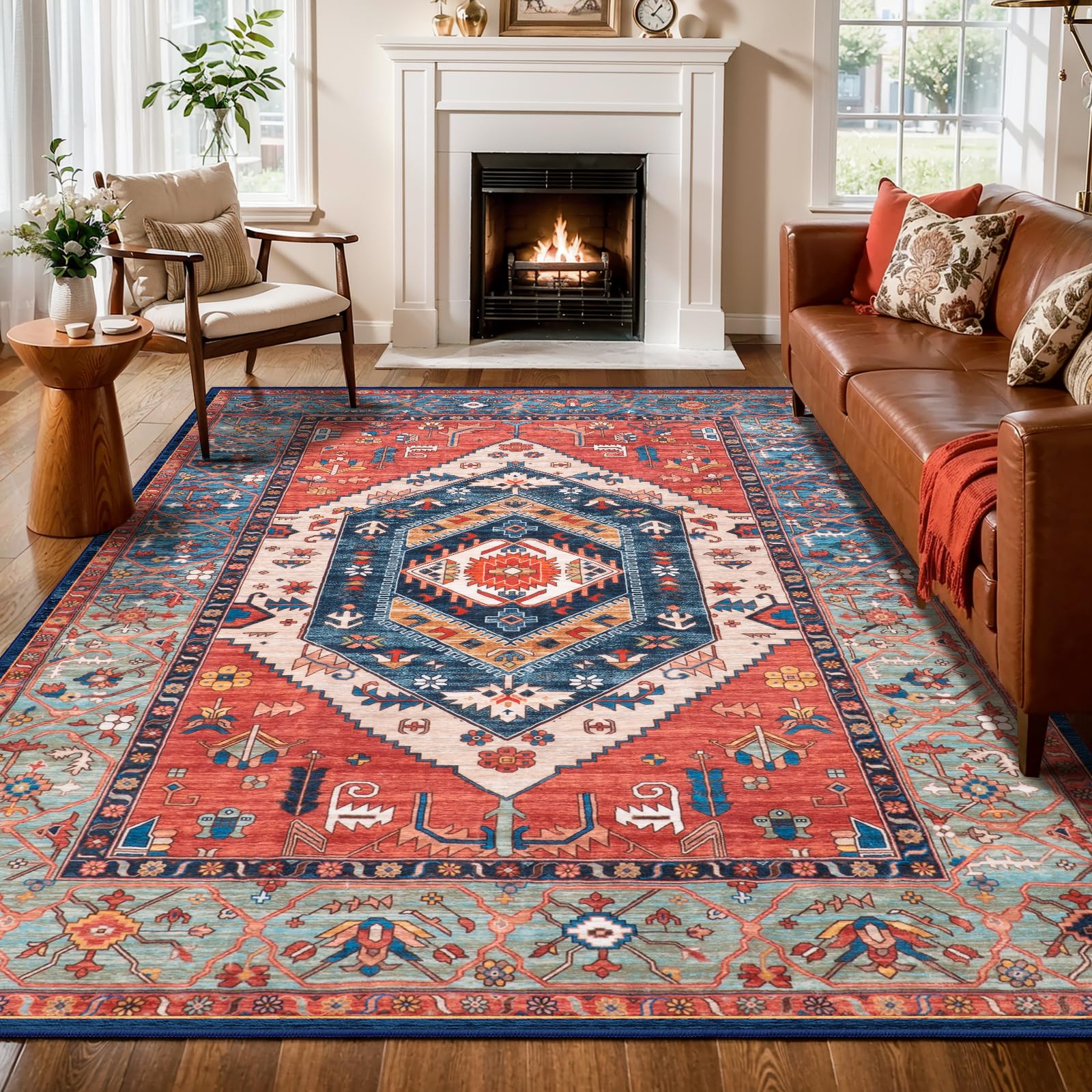 SERISSA Washable Rugs 8x10 Area Rugs, Large Non-Slip Boho Living Room Rust Rug, Ultra Soft Vintage Print Distressed Oriental Tribal Farmhouse Carpet for Dining Room Bedroom Dorm Office Home Decor