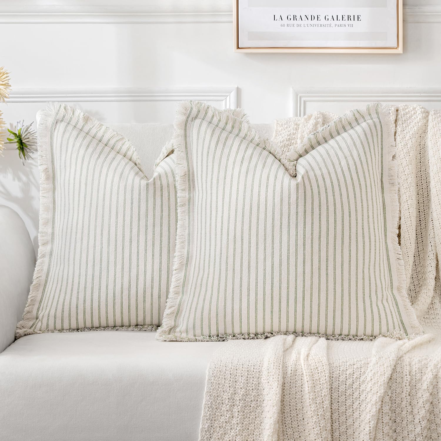 MIULEE Pack of 2 Black Pillow Covers 20x20 Inch Striped Farmhouse Couch Throw Pillow Covers with Fringe Chic Linen Decorative Cushion Covers for Sofa Living Room Bed Outdoor Home Decor