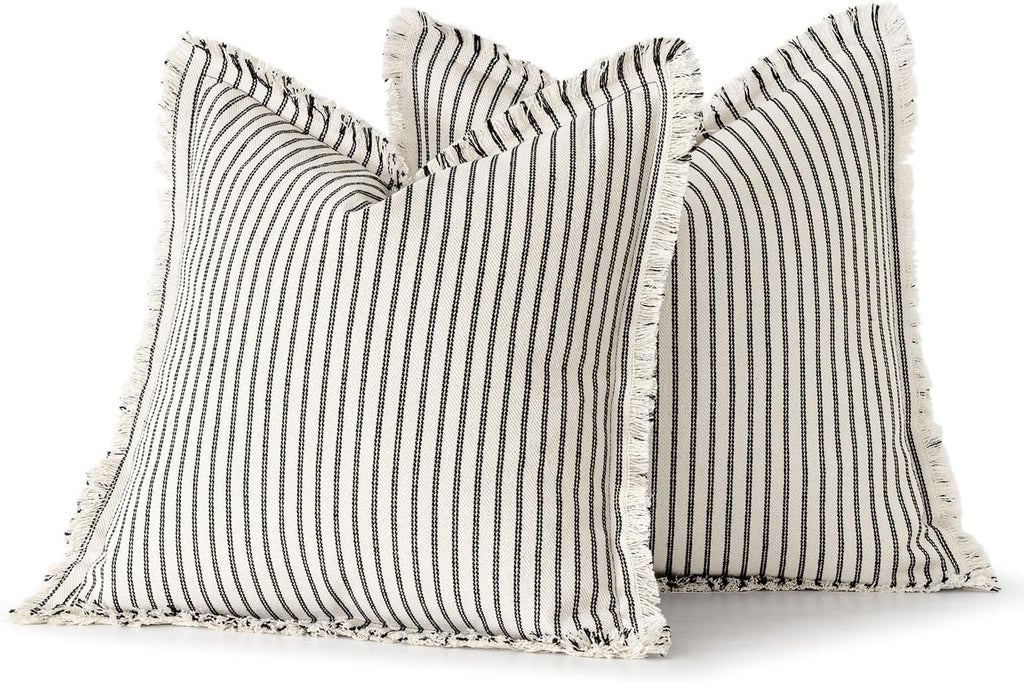 MIULEE Pack of 2 Black Pillow Covers 20x20 Inch Striped Farmhouse Couch Throw Pillow Covers with Fringe Chic Linen Decorative Cushion Covers for Sofa Living Room Bed Outdoor Home Decor