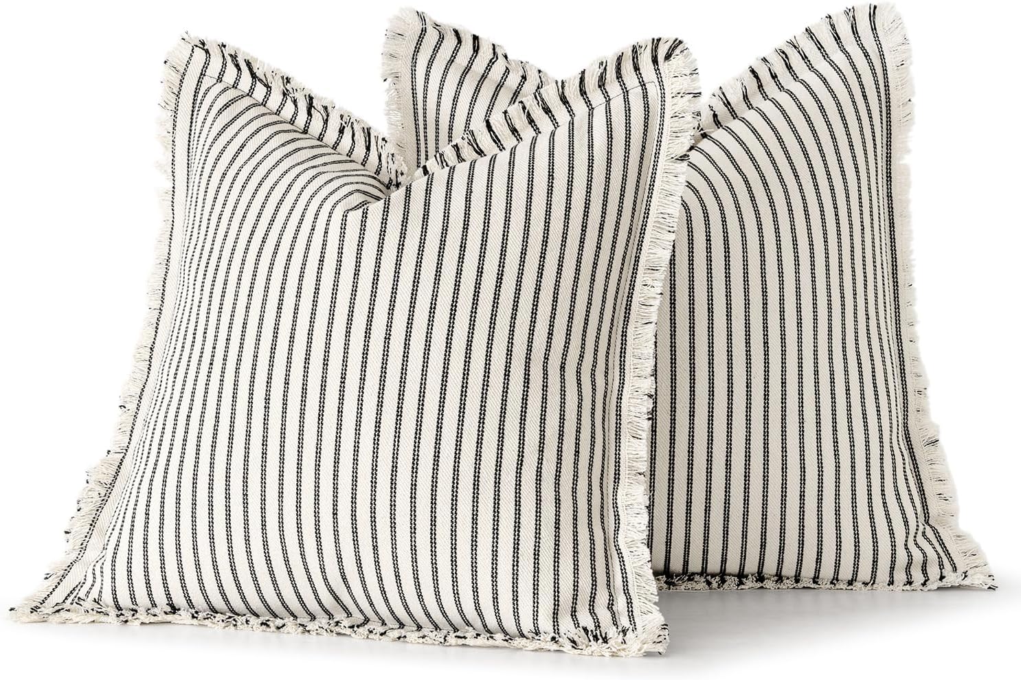 MIULEE Pack of 2 Black Pillow Covers 20x20 Inch Striped Farmhouse Couch Throw Pillow Covers with Fringe Chic Linen Decorative Cushion Covers for Sofa Living Room Bed Outdoor Home Decor