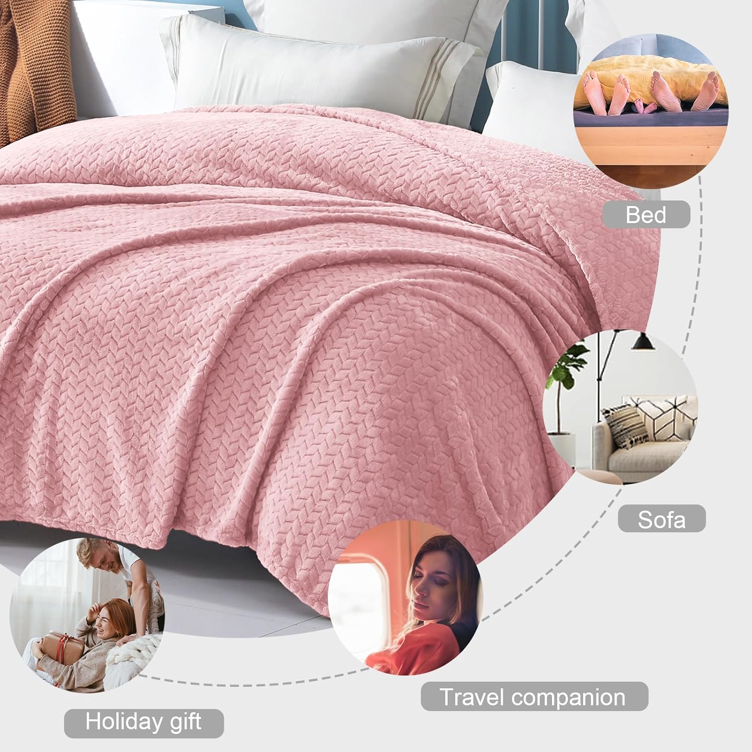 Exclusivo Mezcla Fleece Queen Size Blanket for Bed, 90x90 Inches Soft Cozy Jacquard Flannel Blankets, Lightweight Fuzzy Plush for Women, Pink