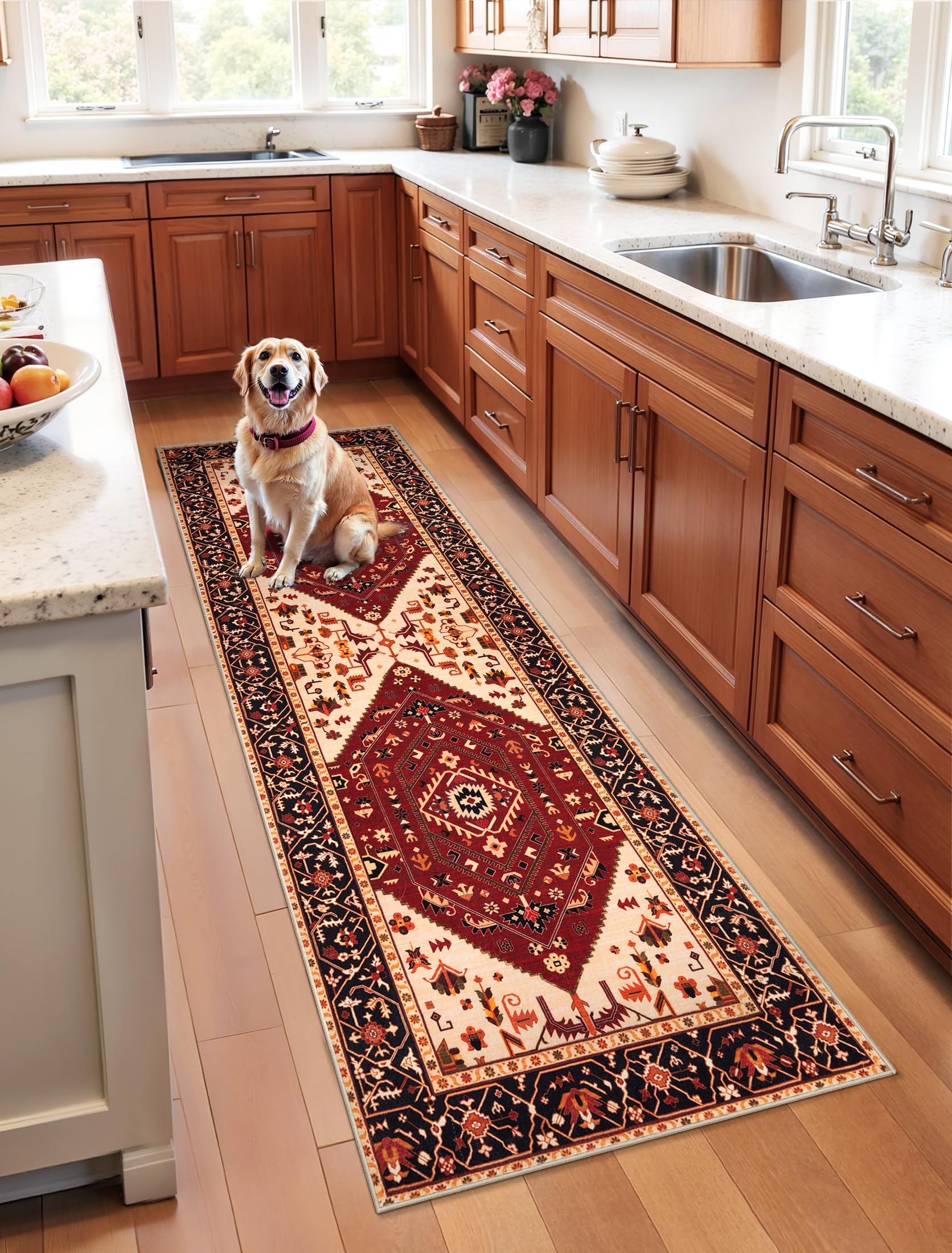 SERISSA Washable Rugs 8x10 Area Rugs, Large Non-Slip Boho Living Room Rust Rug, Ultra Soft Vintage Print Distressed Oriental Tribal Farmhouse Carpet for Dining Room Bedroom Dorm Office Home Decor