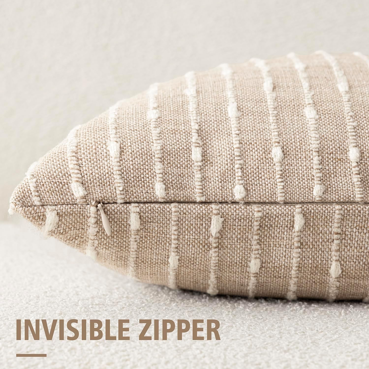 Foindtower Pack of 2 Decorative Jacquard Boucle Throw Pillow Covers Accent Textured Striped Pillowcases Soft Boho Modern Cushion for Couch Sofa Bedroom Living Room Home Decor 20x20 Inch Natural Beige