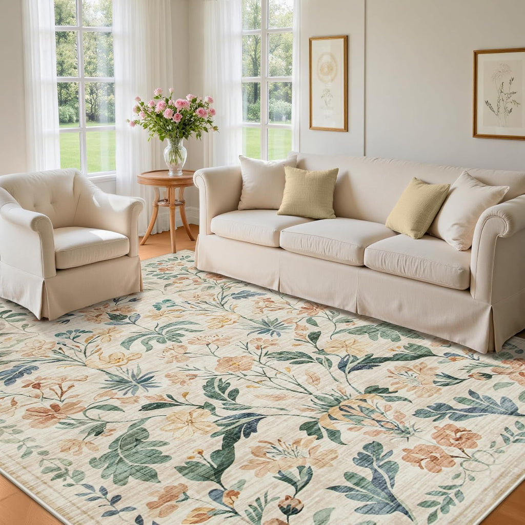 8x10 Beige Boho Floral Washable Non-Slip Thin Area Rug for Indoor Spaces