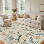 8x10 Beige Boho Floral Washable Non-Slip Thin Area Rug for Indoor Spaces
